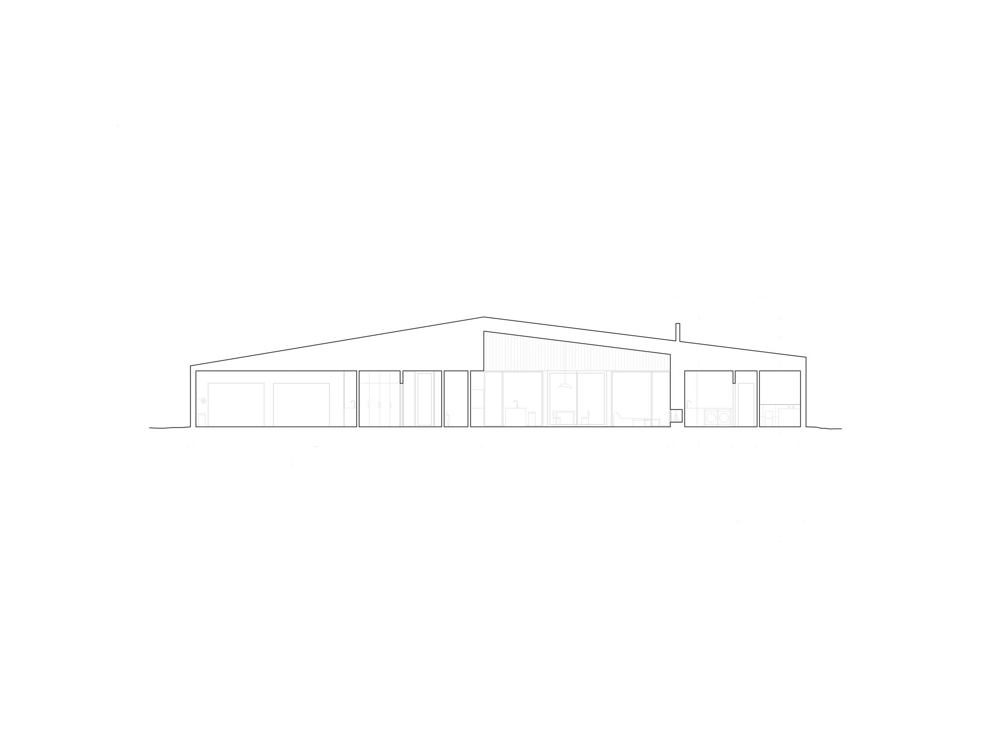 Elevation drawing showing the low-slung profile with varied rooflines and glazed openings