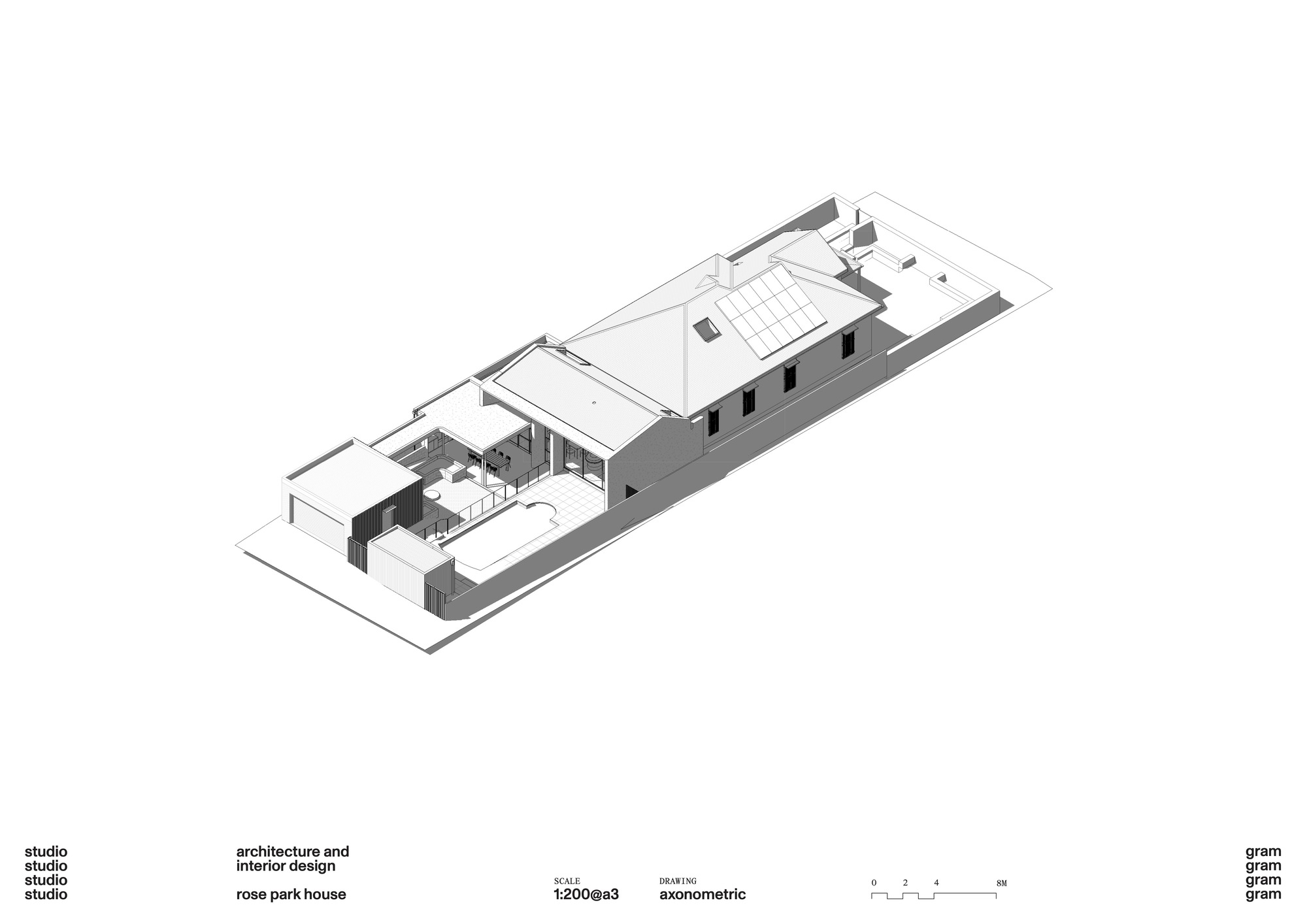 Axonometric drawing revealing interior courtyard and spatial organization within elongated rectangular volume