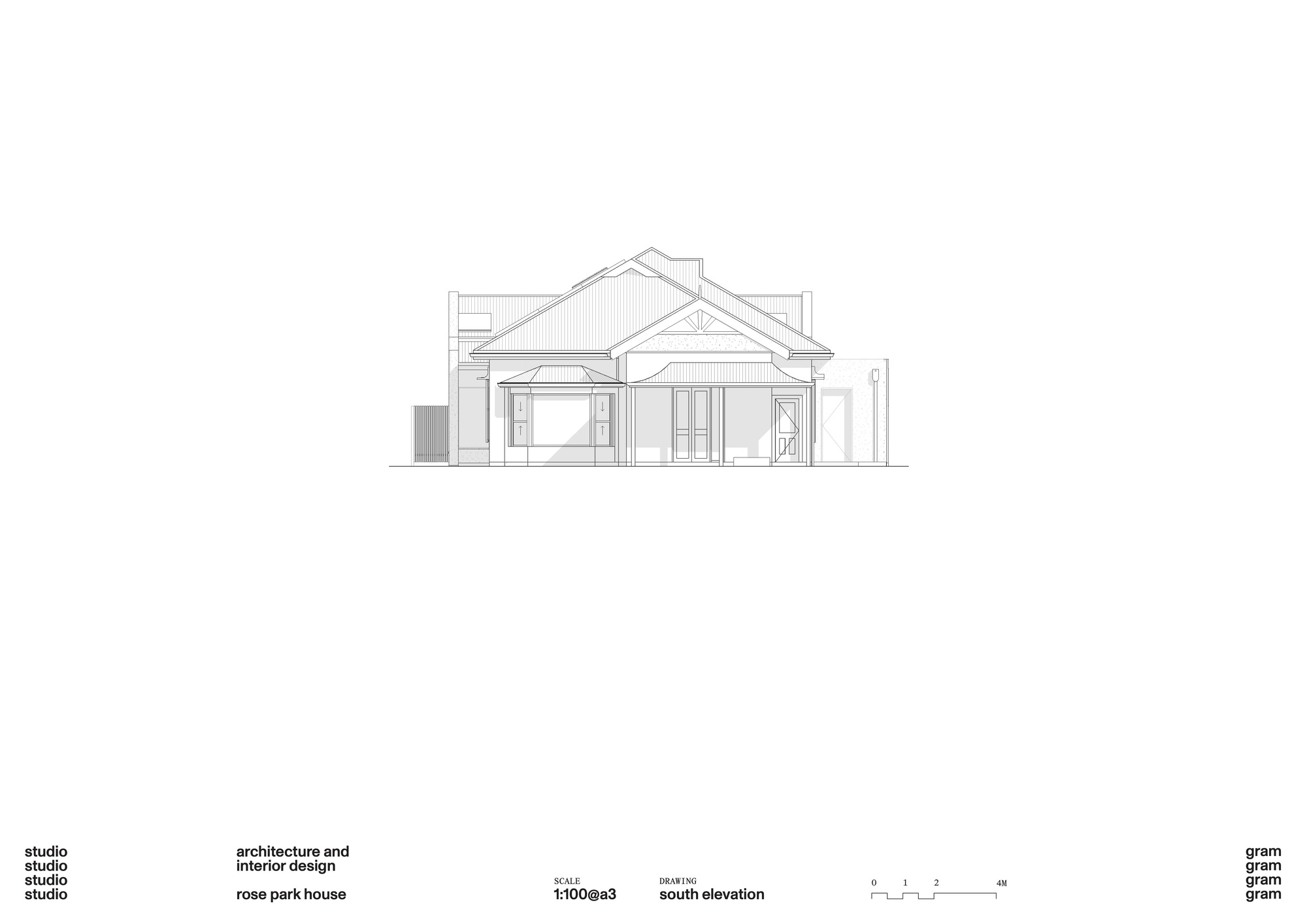 South elevation drawing showing a symmetrical facade with gabled roofs and centered vertical window openings
