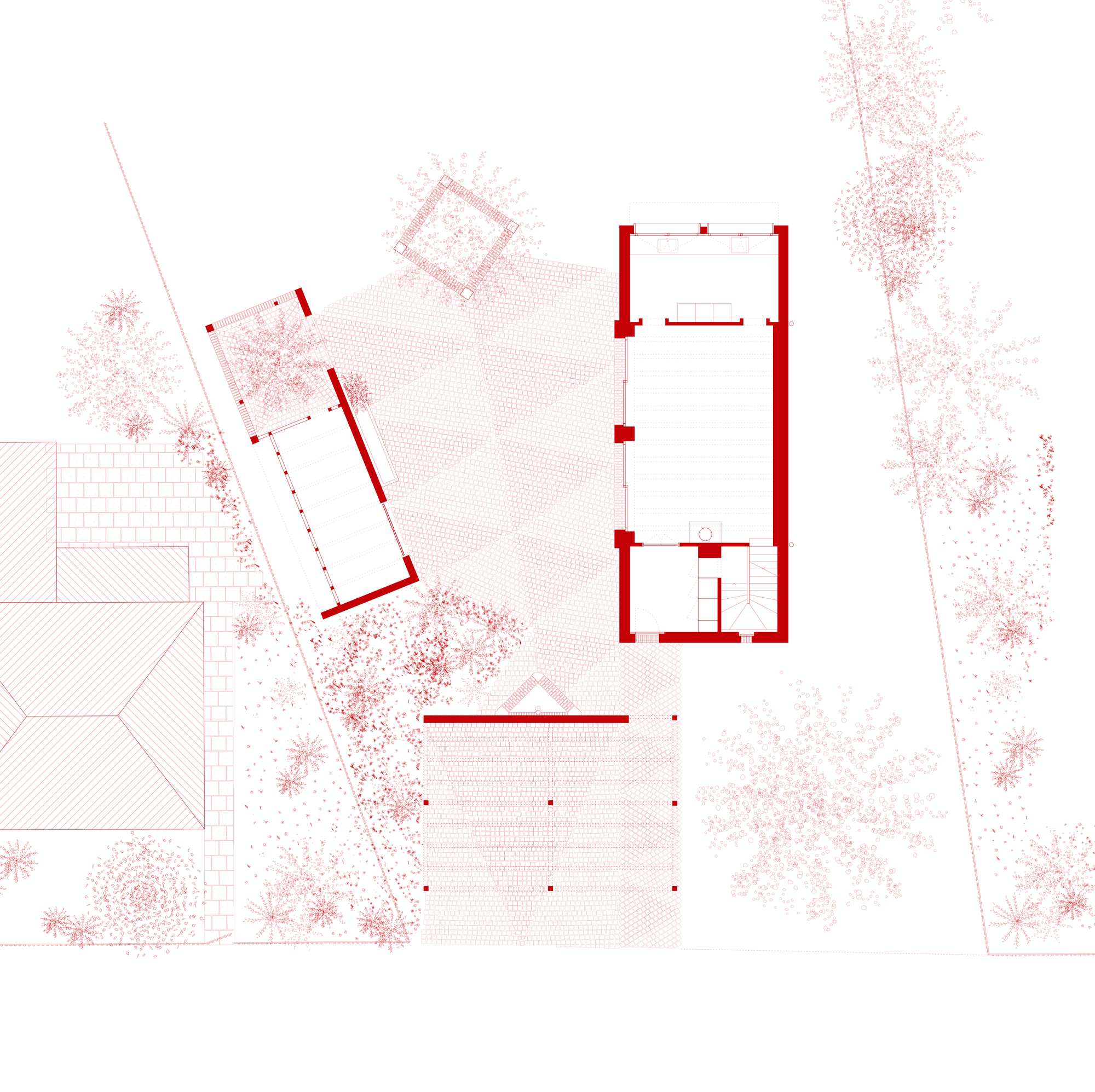 Site plan drawing showing two building volumes surrounded by landscaping and paved areas with tree canopies rendered