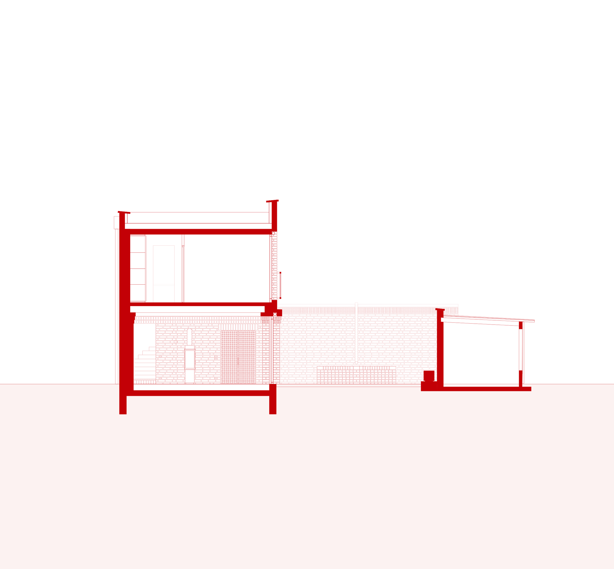 Section drawing showing two-story brick volume connected to single-story wing with exposed structural elements in red