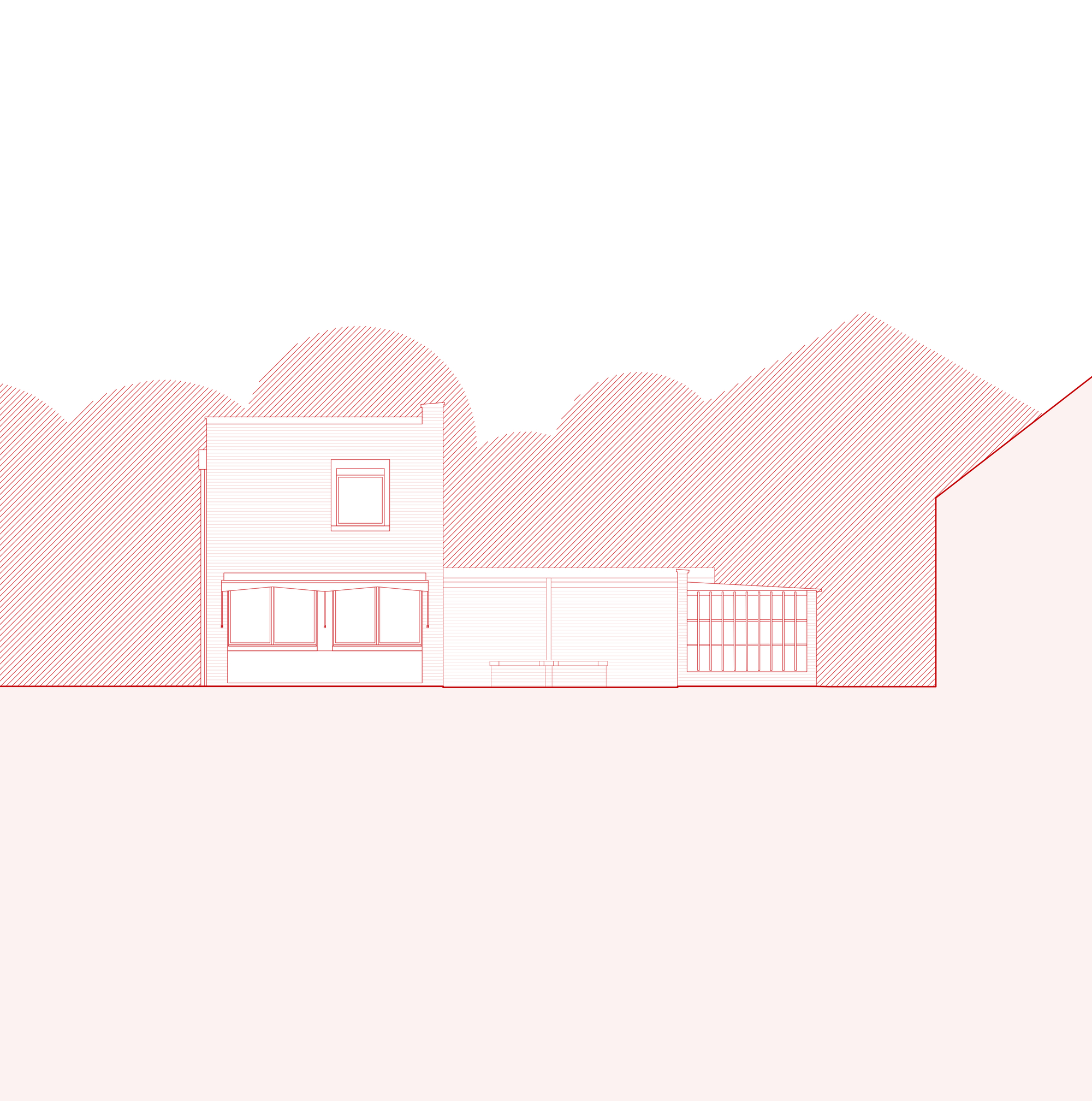 Elevation drawing showing a two-story volume with windows and a gridded section against hatched tree canopies