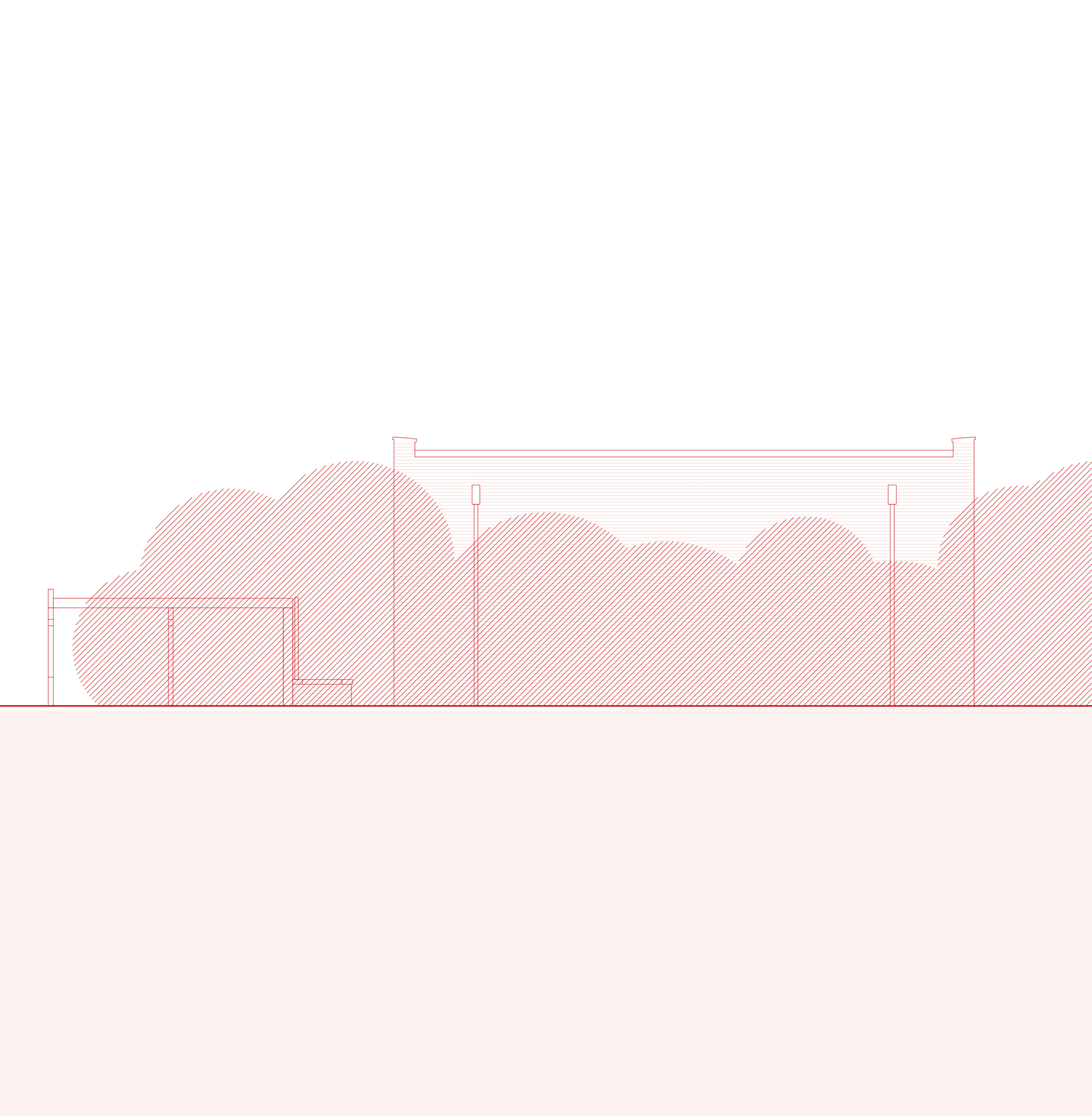 Section drawing depicting a flat-roofed structure nestled among rendered tree forms with hatched shading