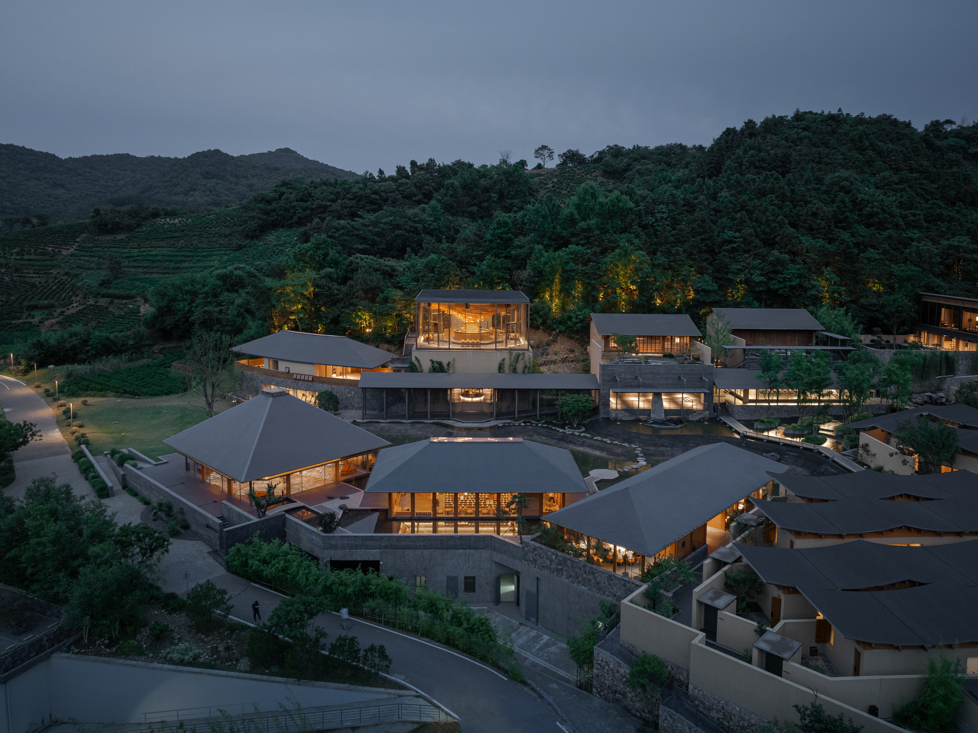 Aerial view of clustered structures with dark pitched roofs nestled into forested hillside at dusk
