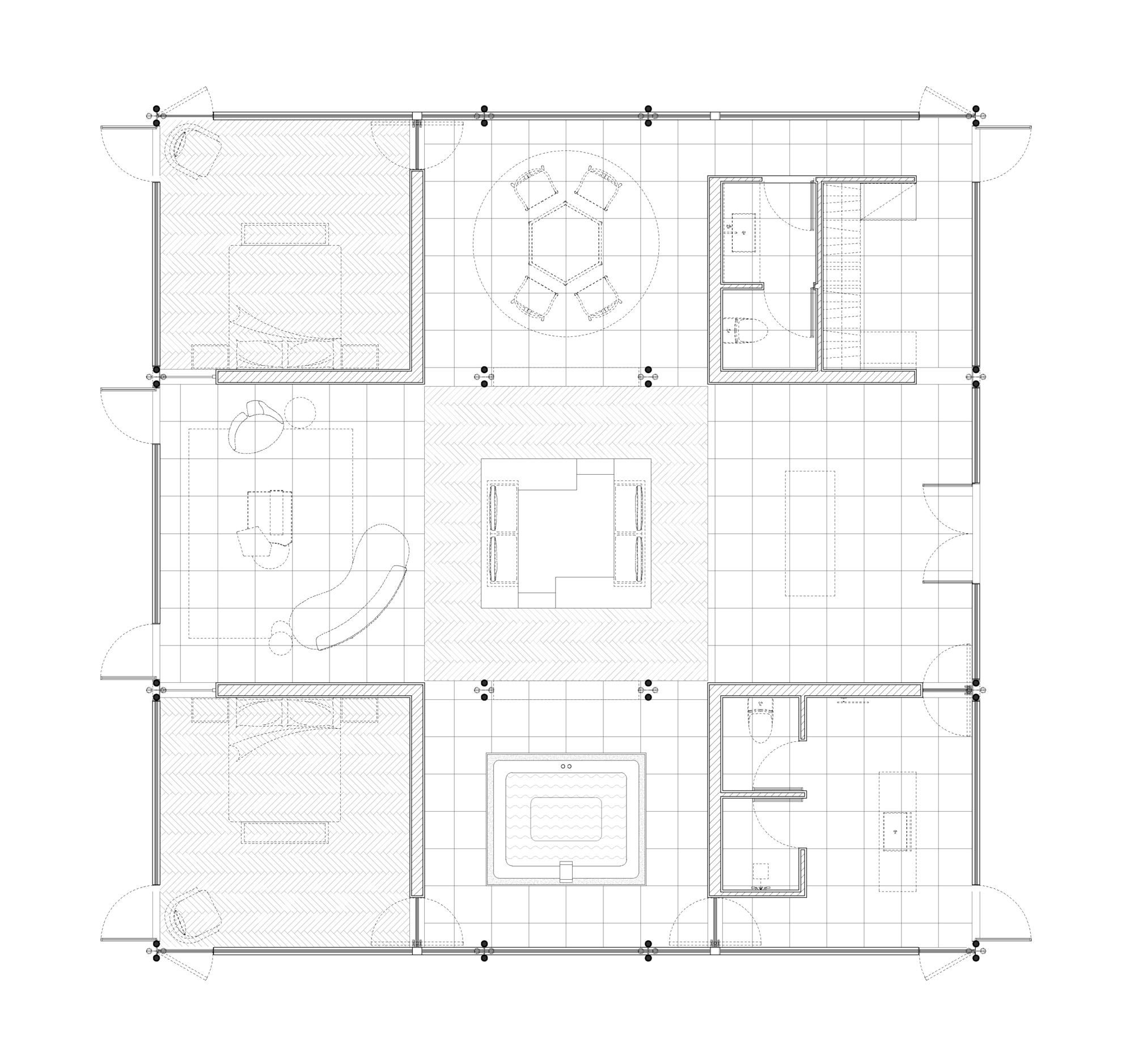 Floor plan drawing showing rooms arranged around a central open space with structural grid and furniture layout indicated