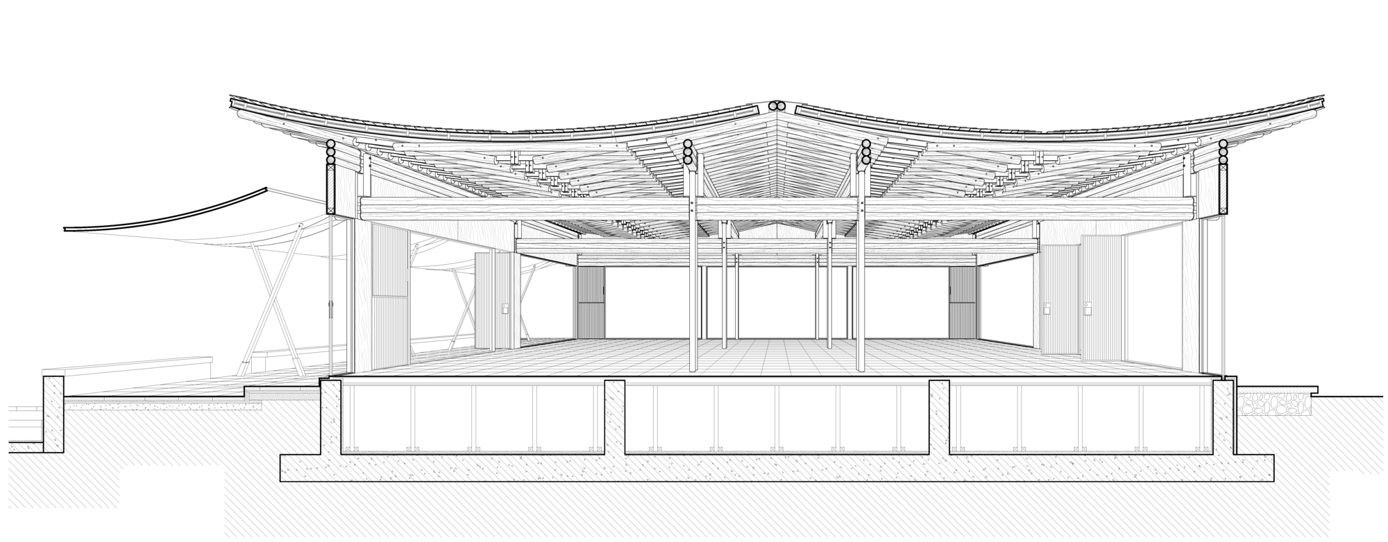 Section drawing showing the three-lobed roof structure with exposed timber framing and central core