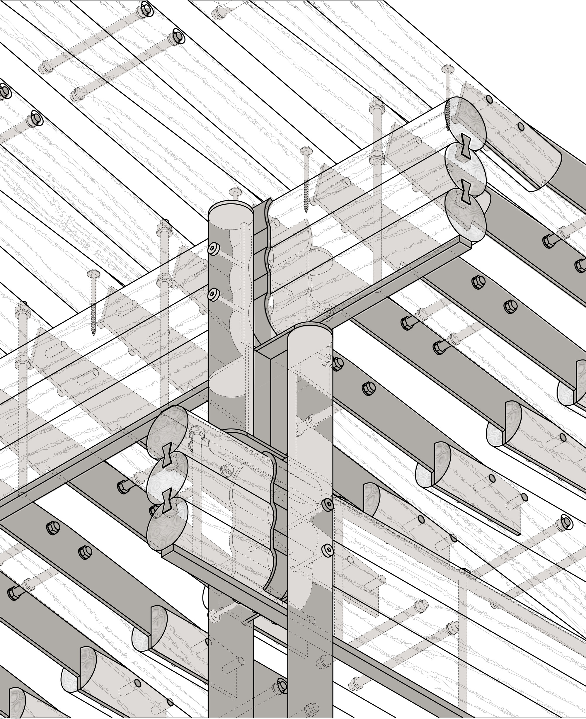 Axonometric detail drawing of the timber joint connections with metal brackets and decking above