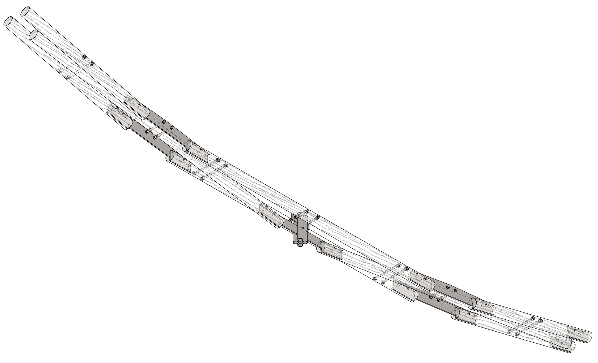 Axonometric drawing of a single curved roof beam showing the structural assembly and connection plates