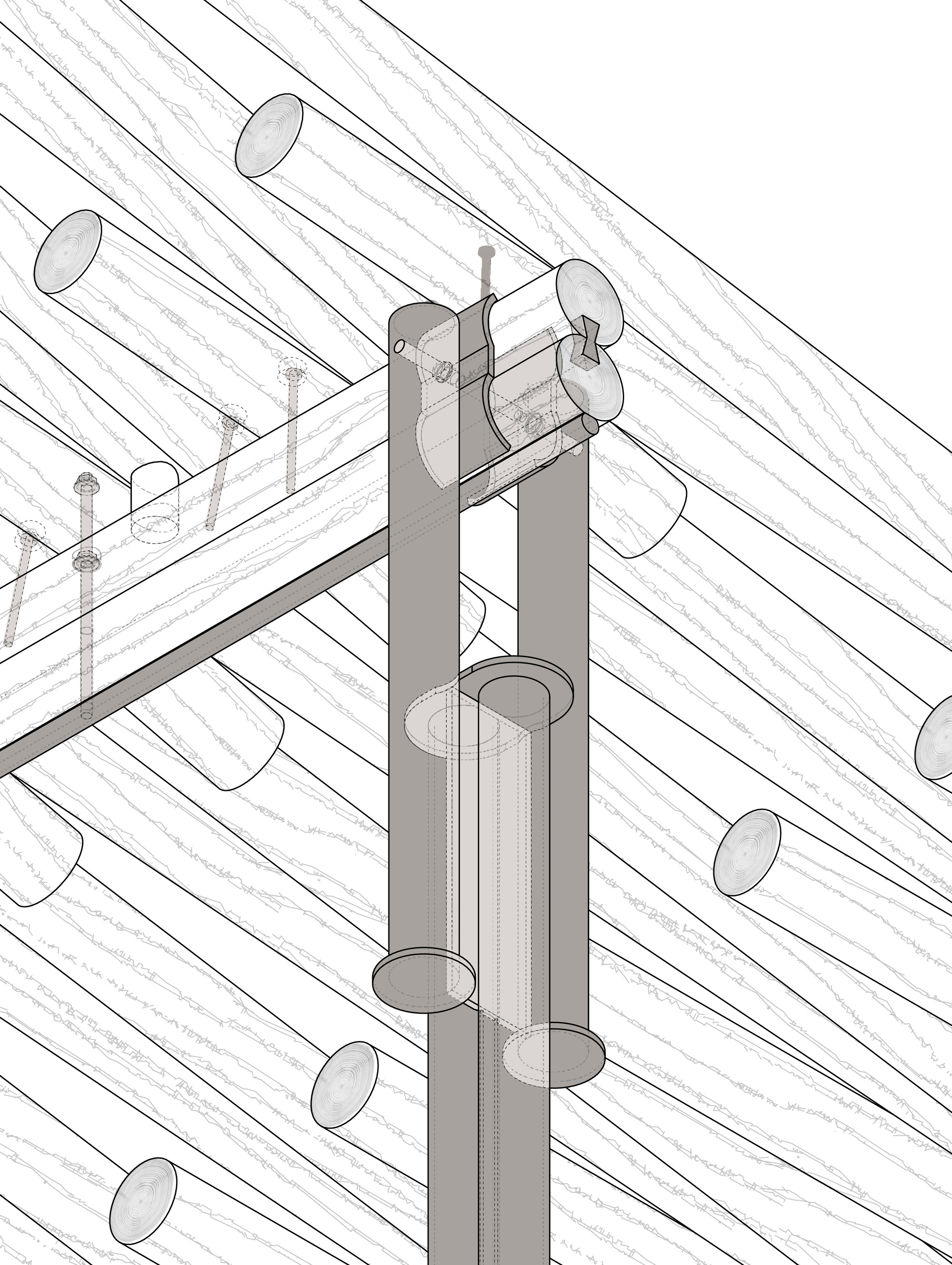 Detail drawing of a column bracket connection to tubular roof members and support beams
