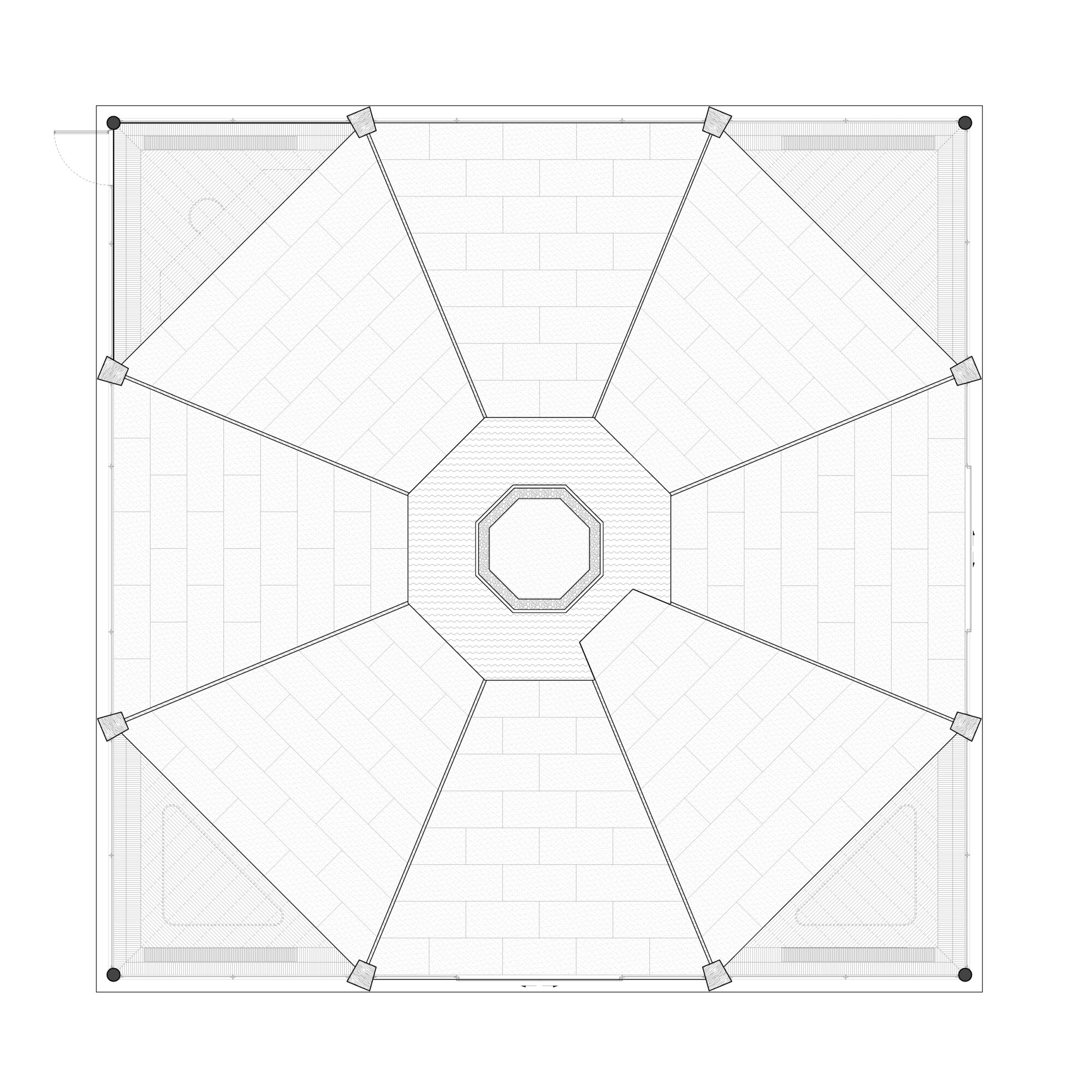 Roof plan drawing showing six pentagonal volumes radiating from an octagonal central core