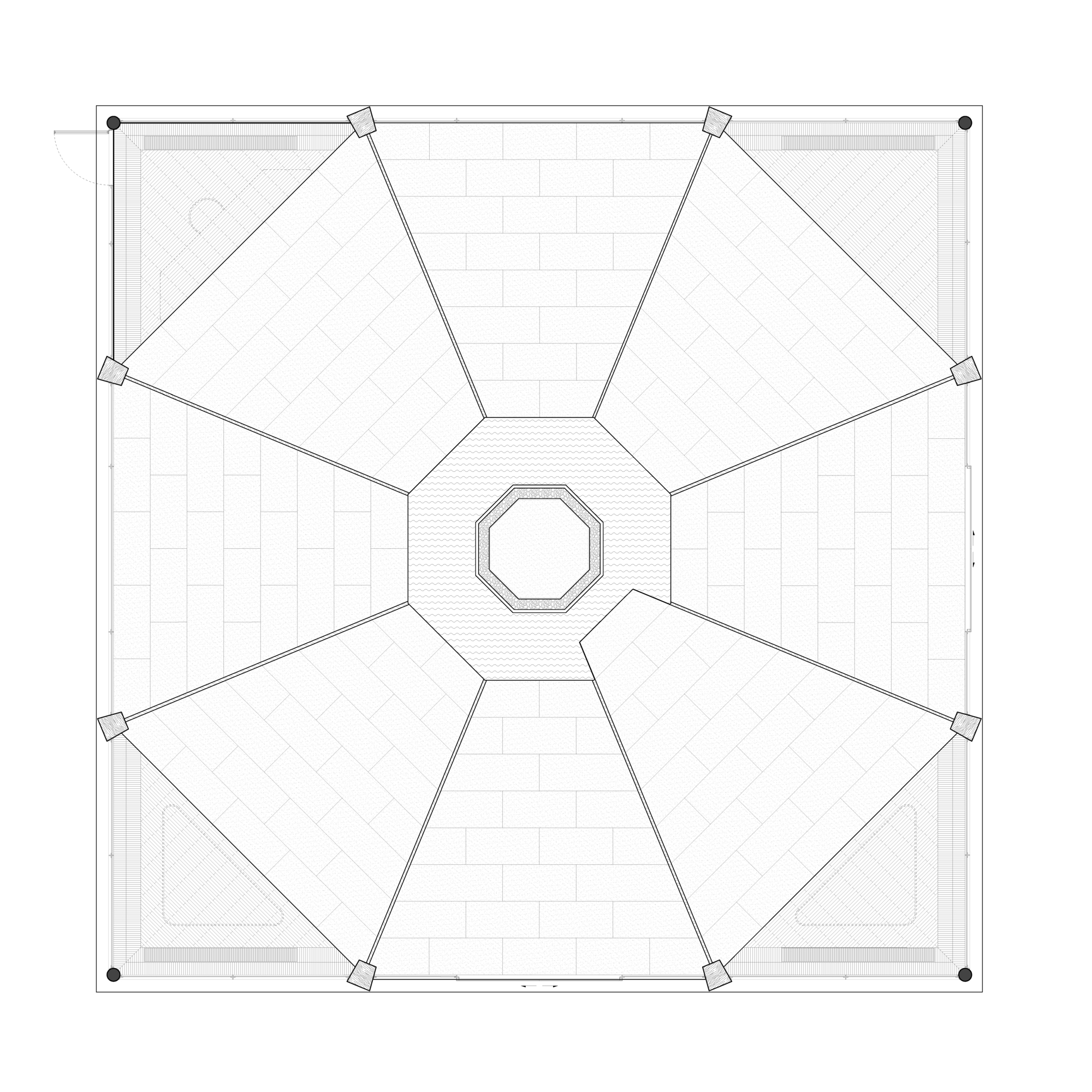Plan drawing depicting six angled roof planes arranged around a central octagonal void