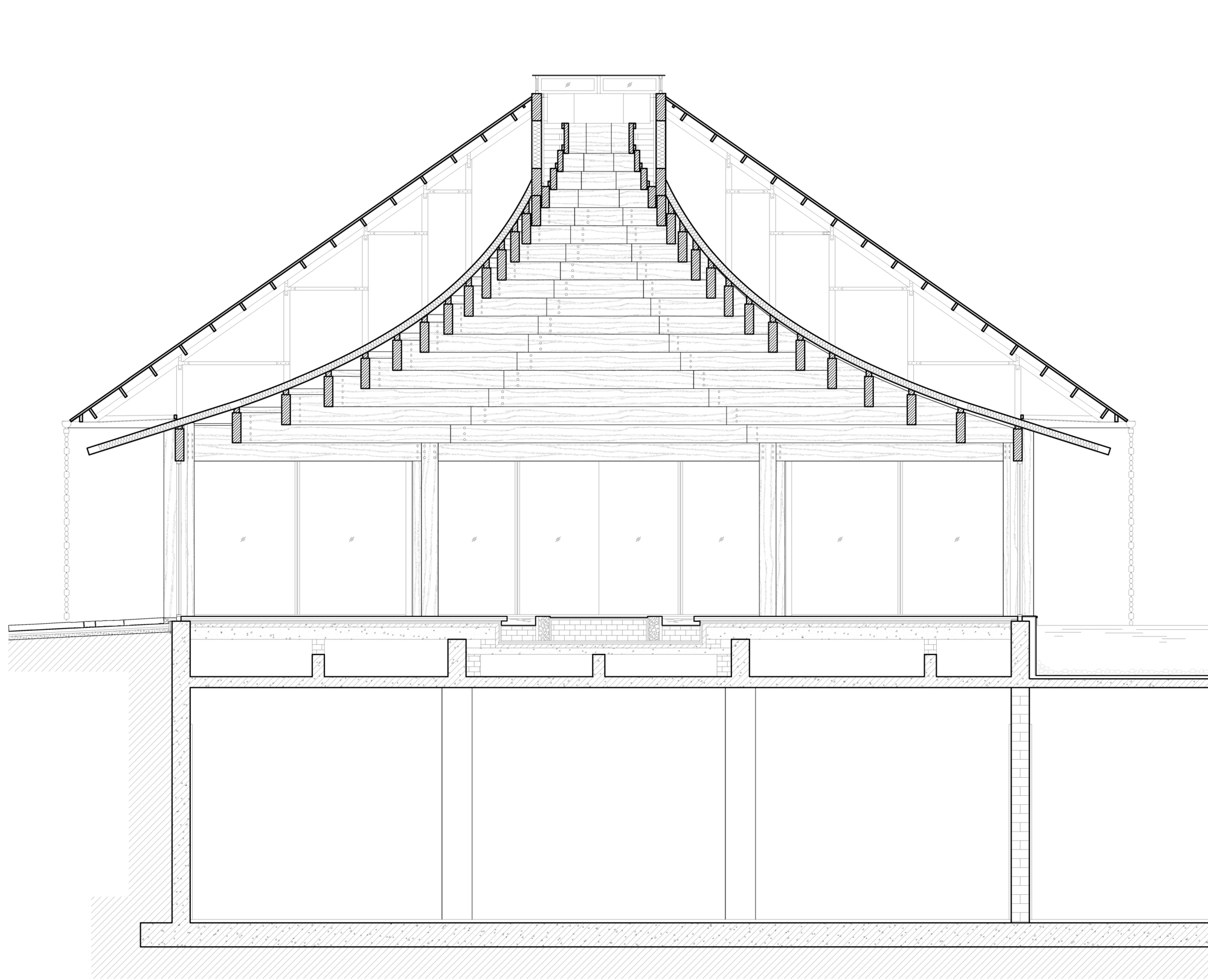 Section drawing showing the sloped roof trusses and column supports over two floor levels