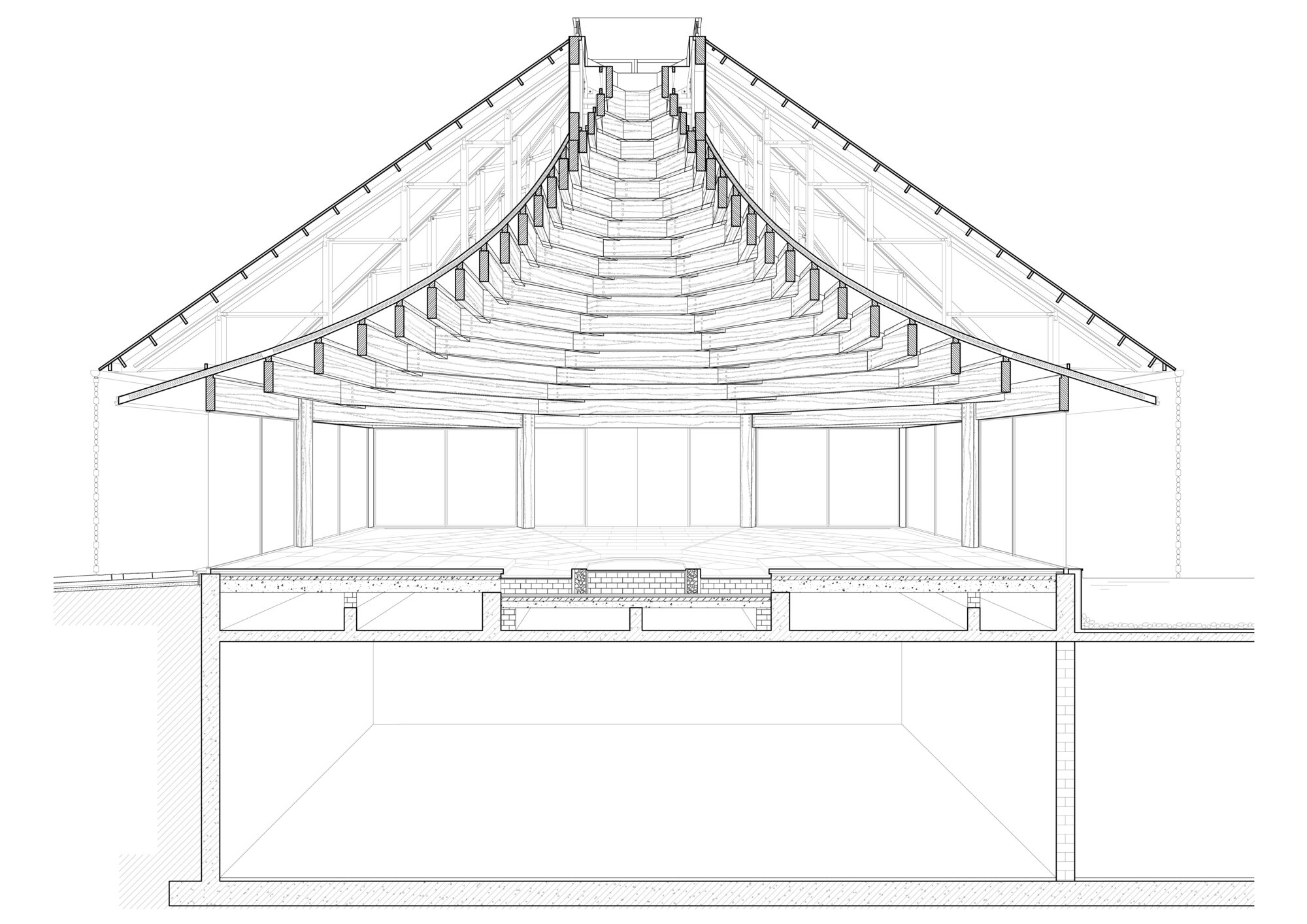 Section drawing showing the stepped timber roof structure above a recessed lower level