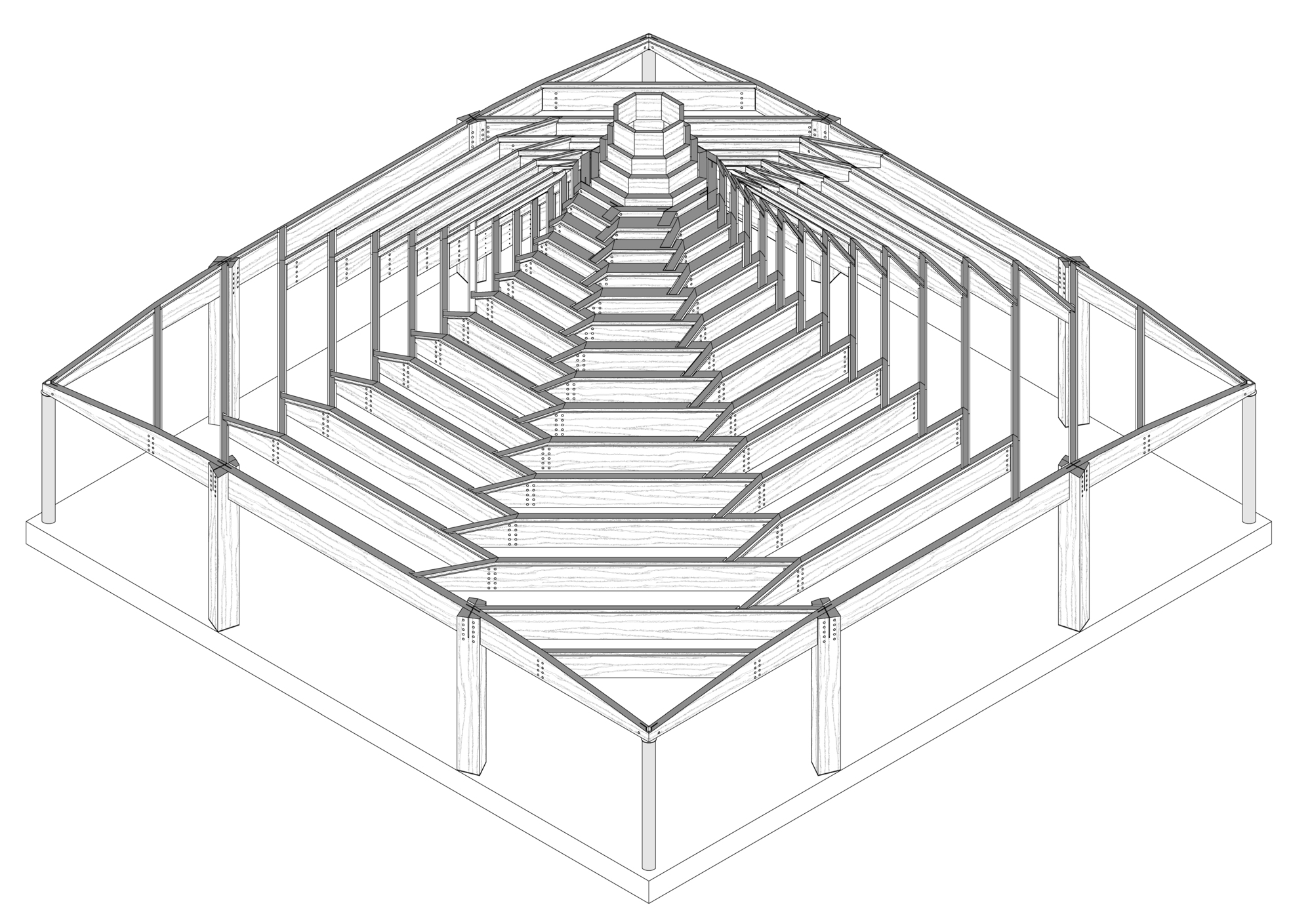 Axonometric drawing of the pyramidal timber roof frame with perimeter columns and central skylight