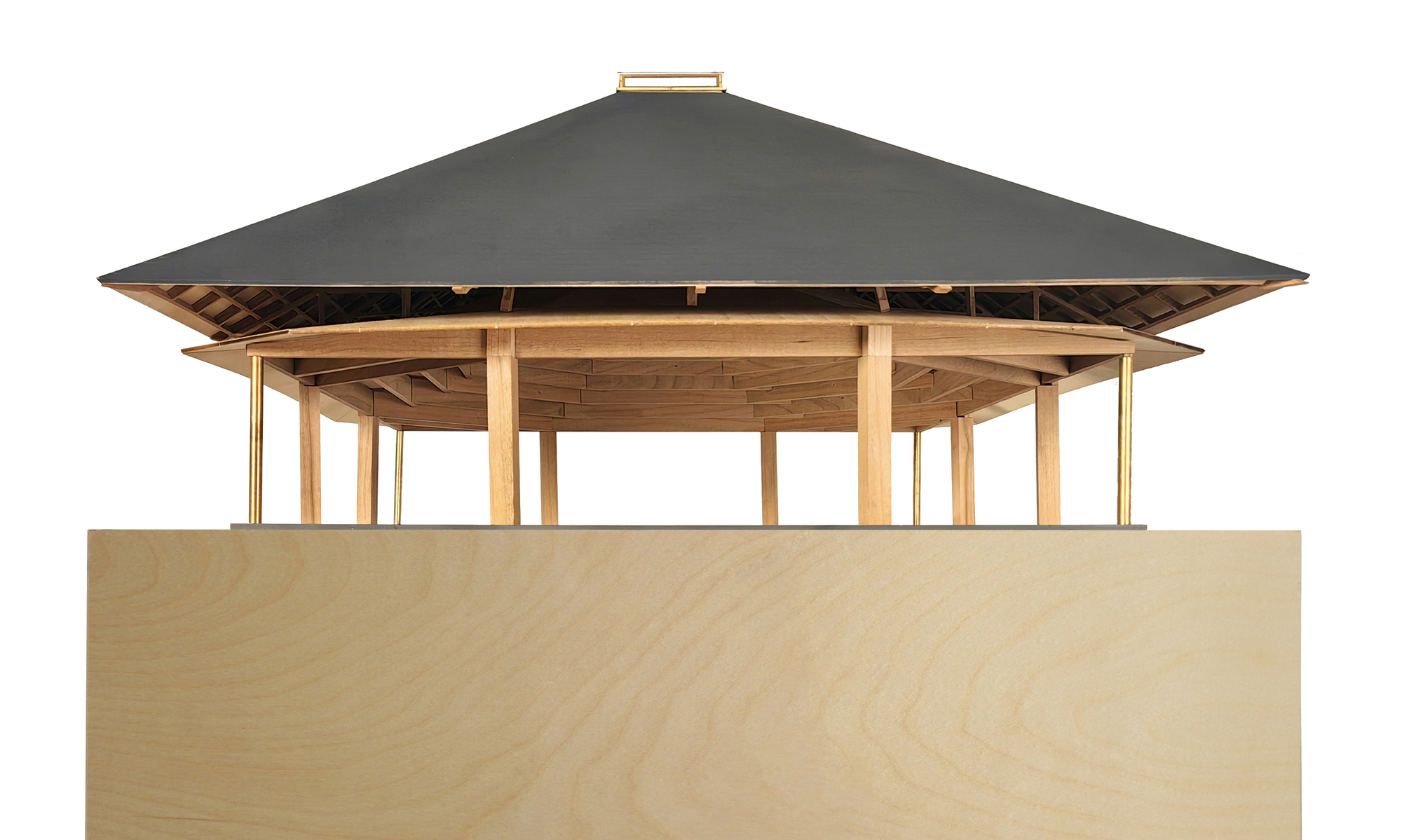 Elevation rendering of the pavilion with dark overhanging roof and exposed timber columns