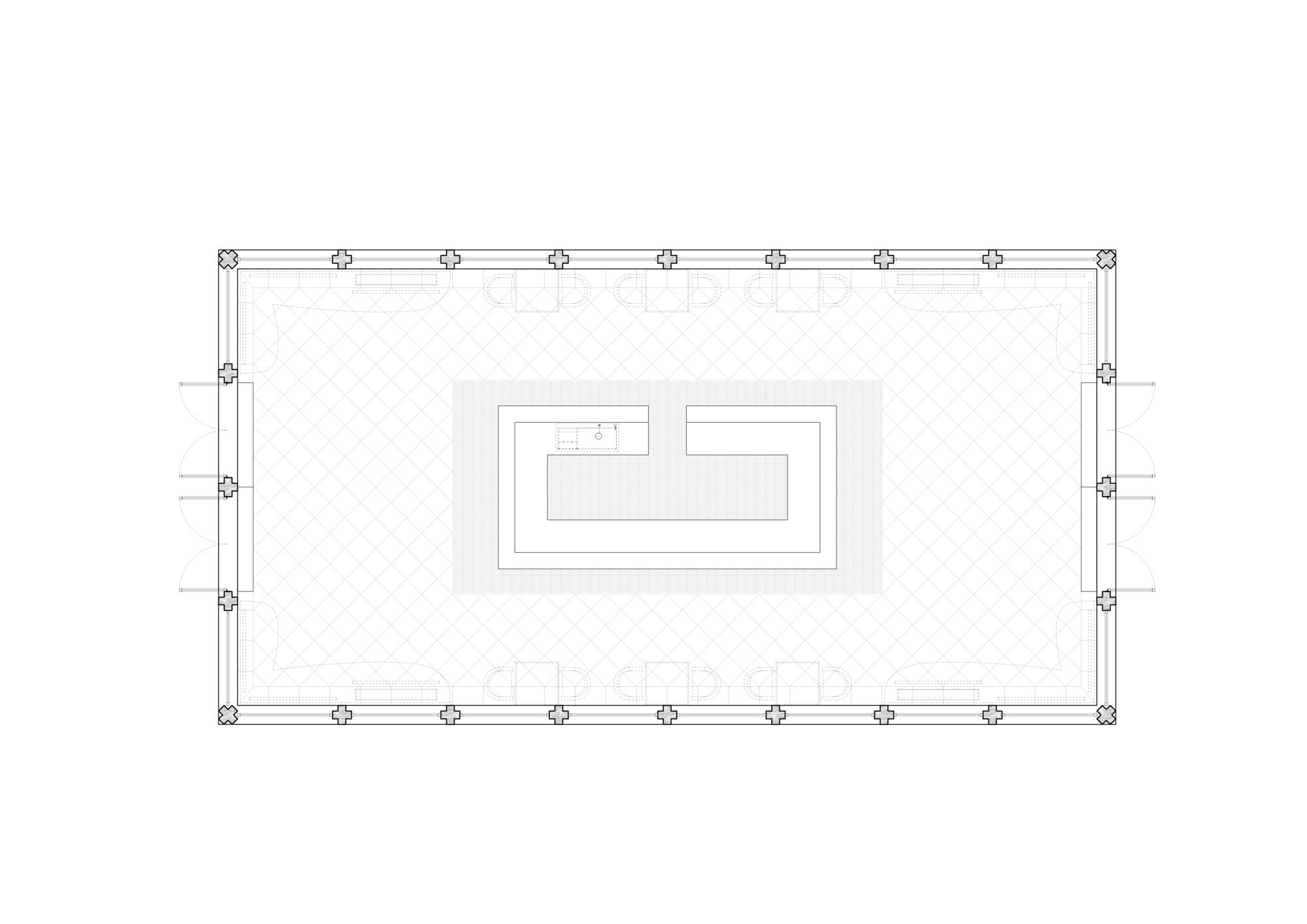 Floor plan drawing showing a rectangular space with perimeter columns and a central sunken area