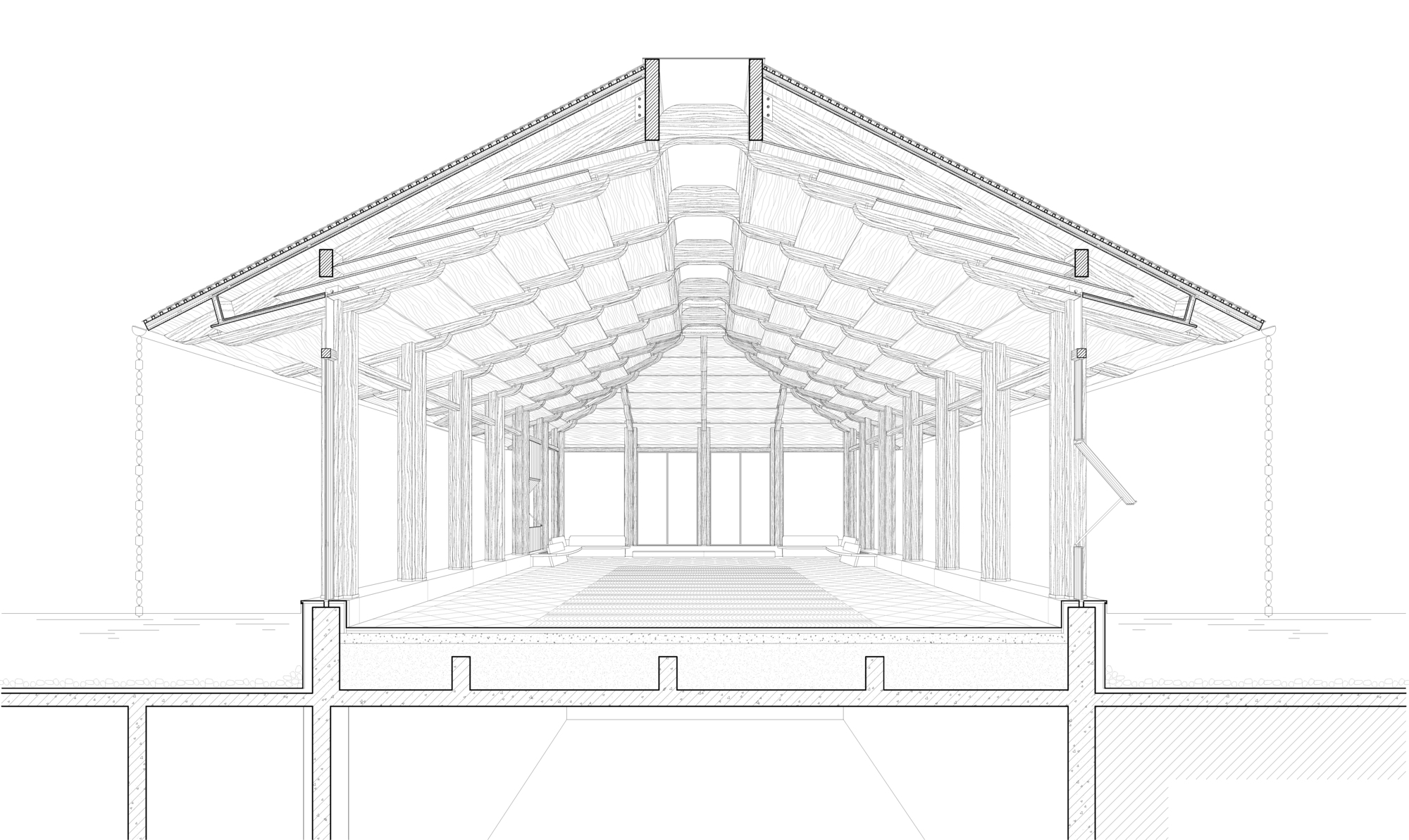 Section drawing through the interior hall with exposed timber beams and coffered ceiling structure
