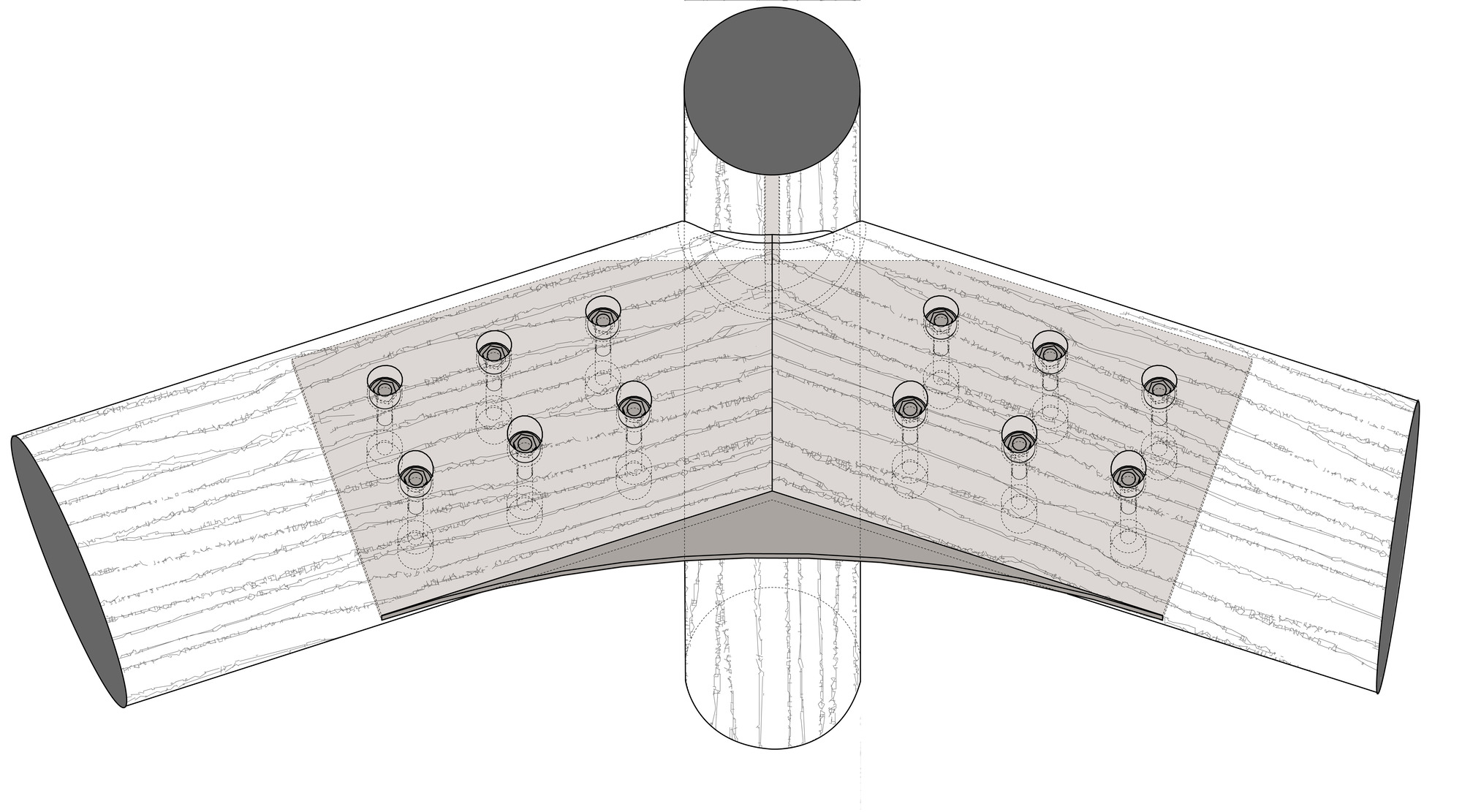 Detail drawing of angled timber beam connection to cylindrical column with through-bolts and metal plate