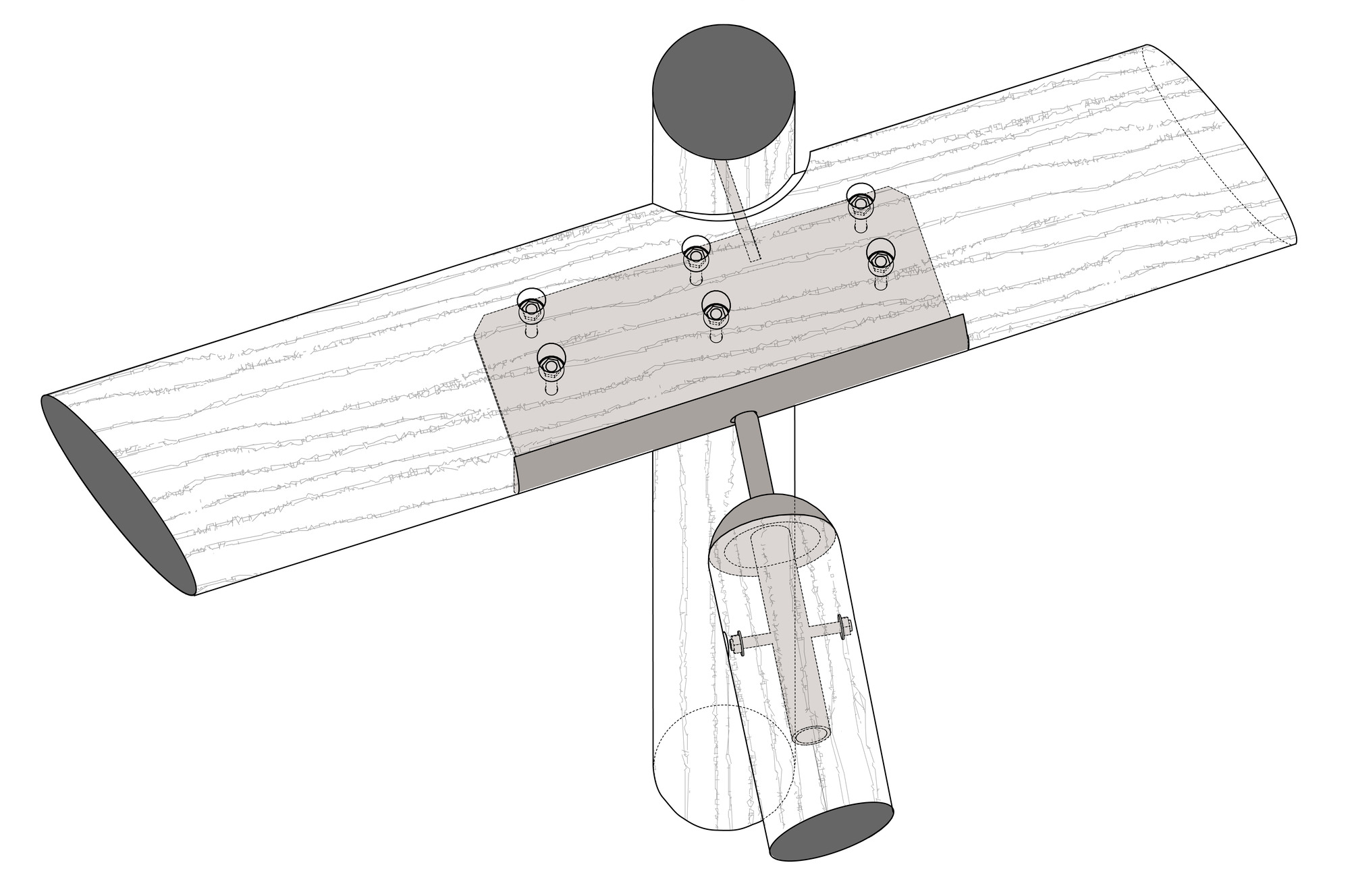 Axonometric detail of curved roof beam anchored to tubular column with mechanical fasteners