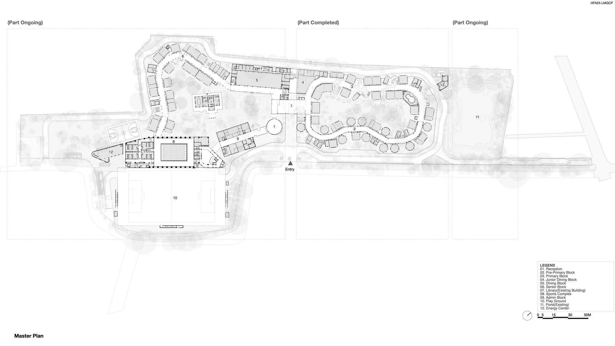 Master plan drawing showing the campus layout with curved blocks and outdoor spaces