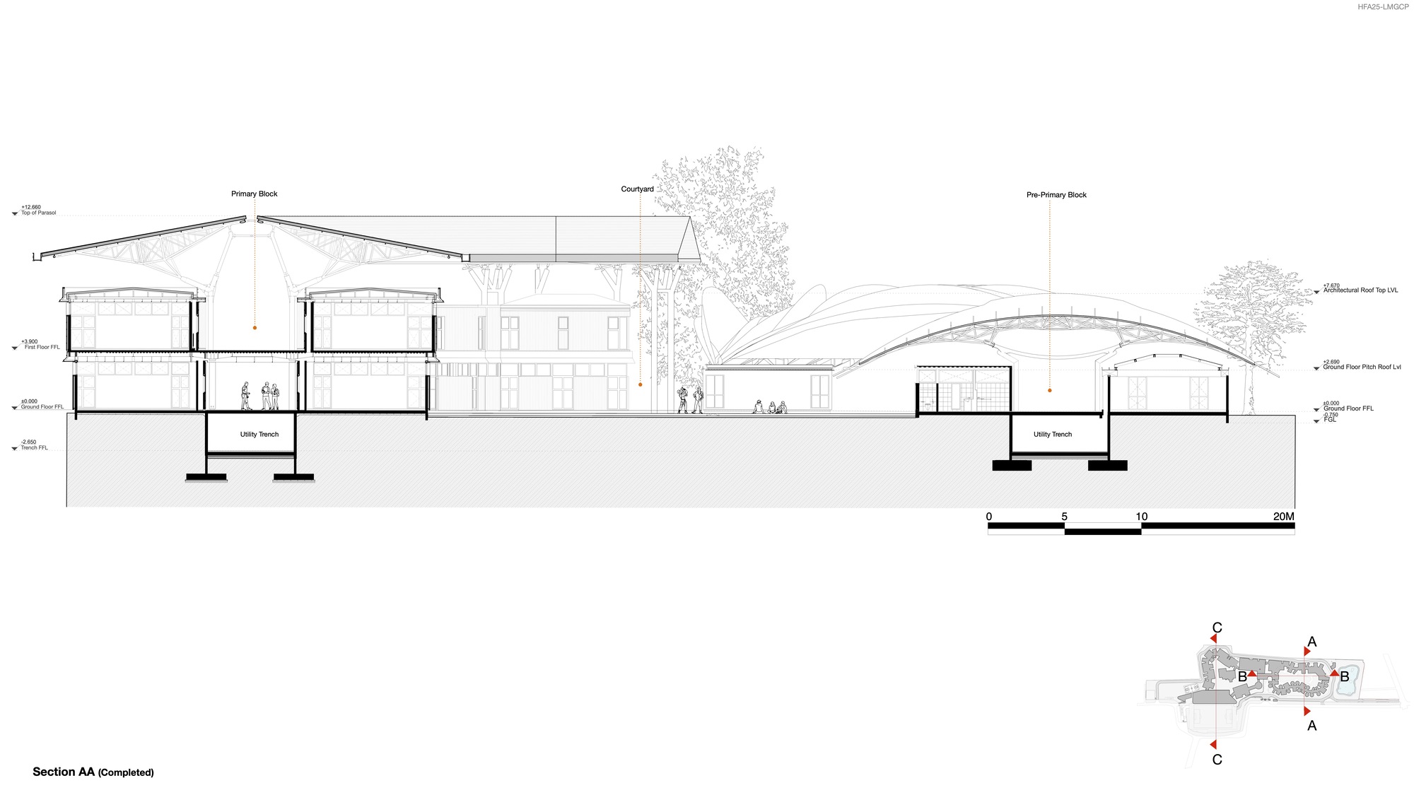 Building section drawing revealing vaulted roofs over classrooms and a central courtyard with trees
