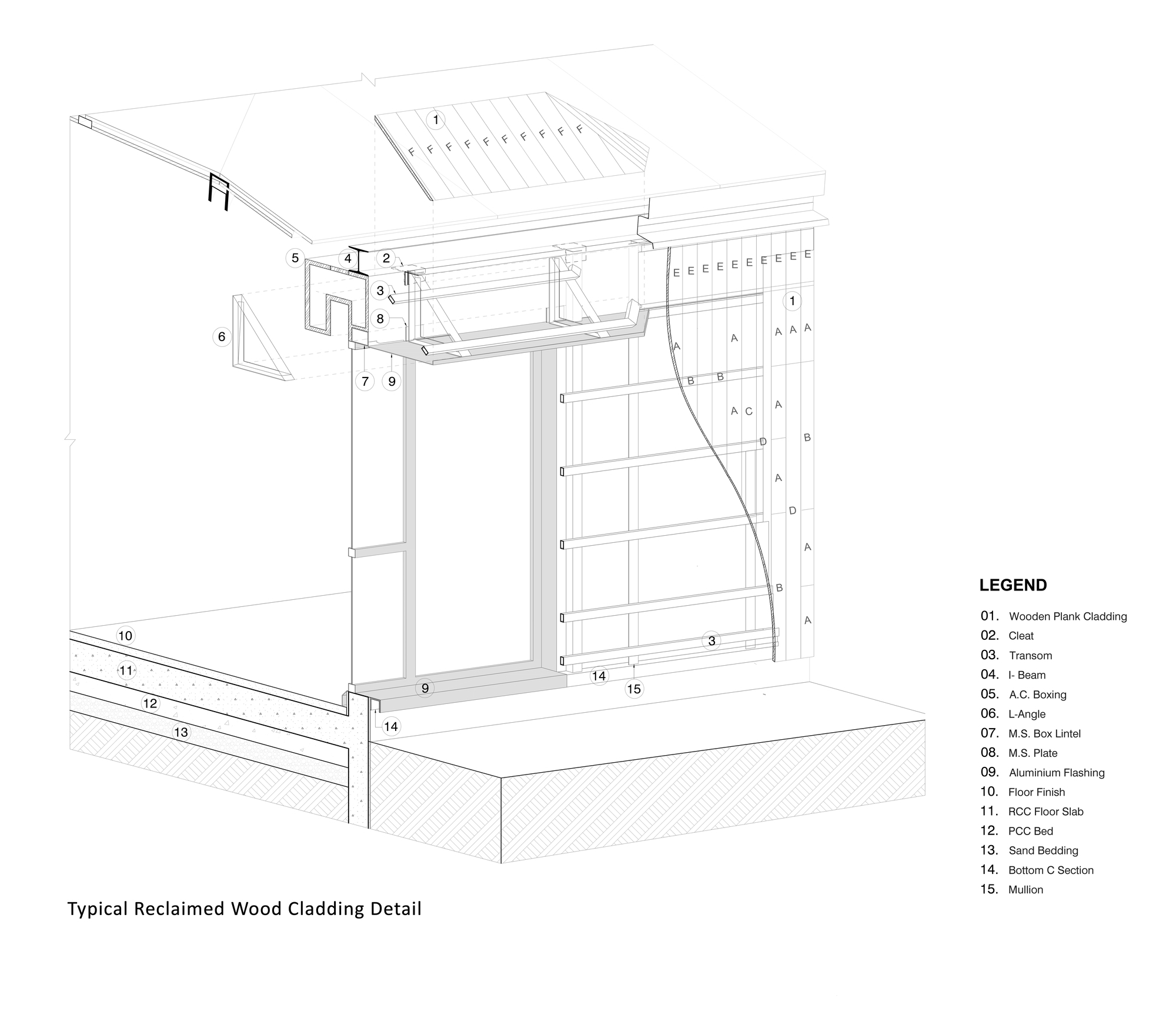 Isometric detail drawing of reclaimed wood cladding assembly with transom and labeled material components