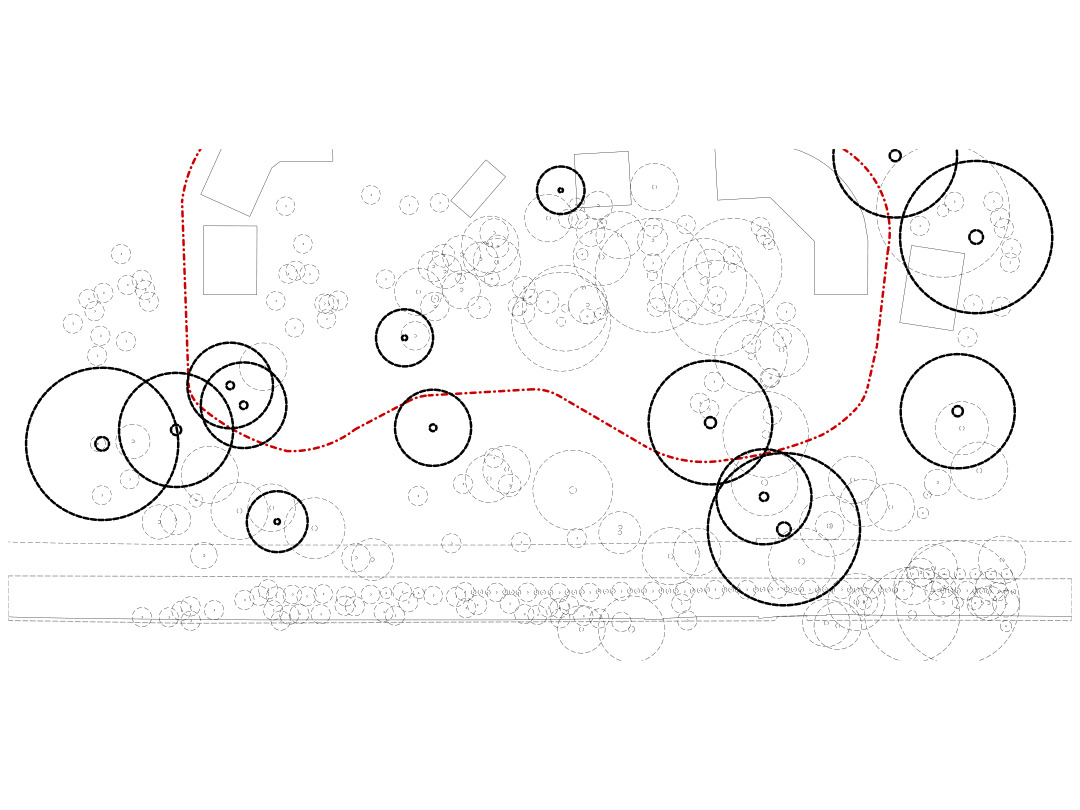 Site plan drawing with circular classroom modules, meandering pathways, and tree canopy circles
