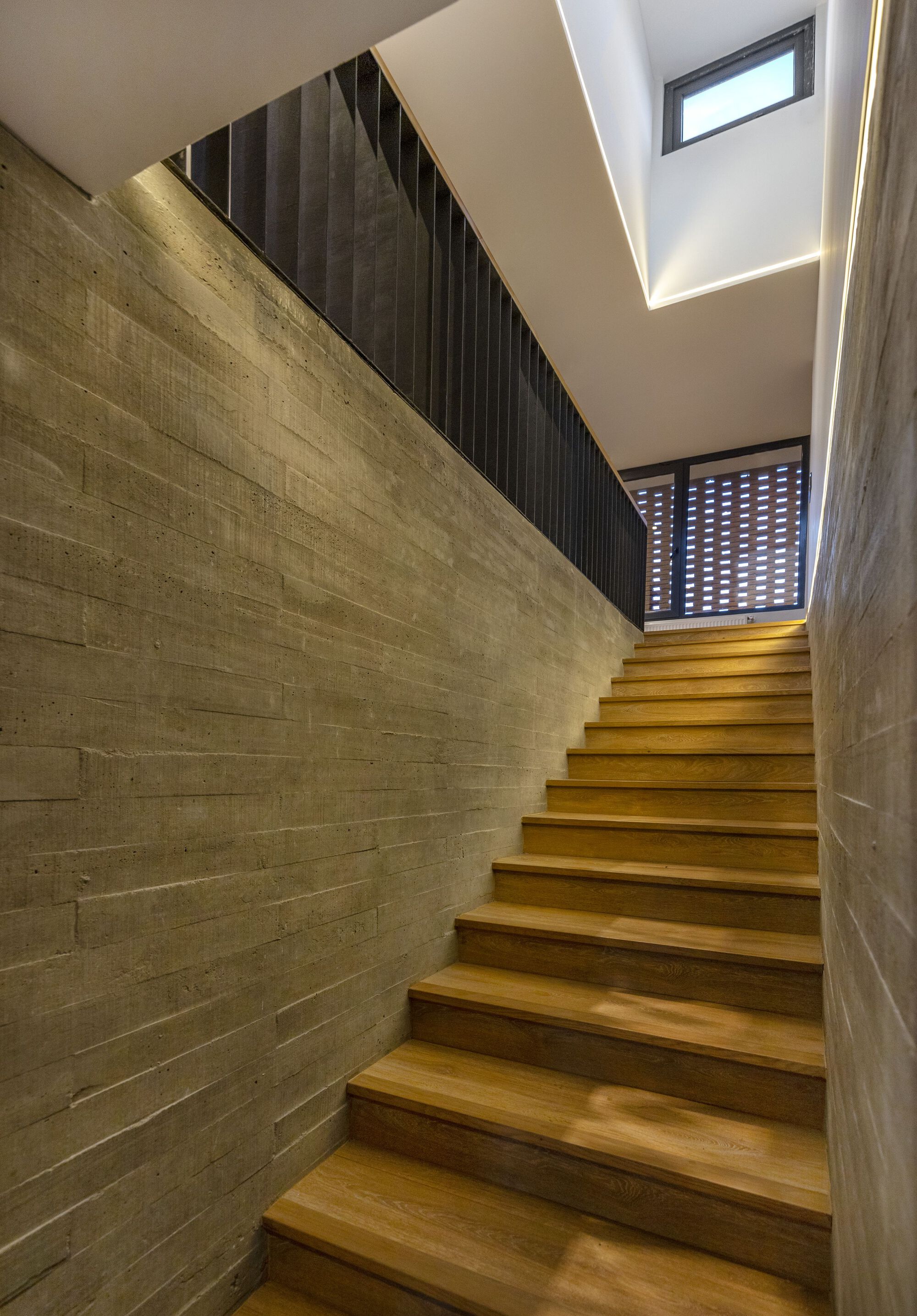 Timber staircase between board-formed concrete walls with skylight and perforated brick screen above