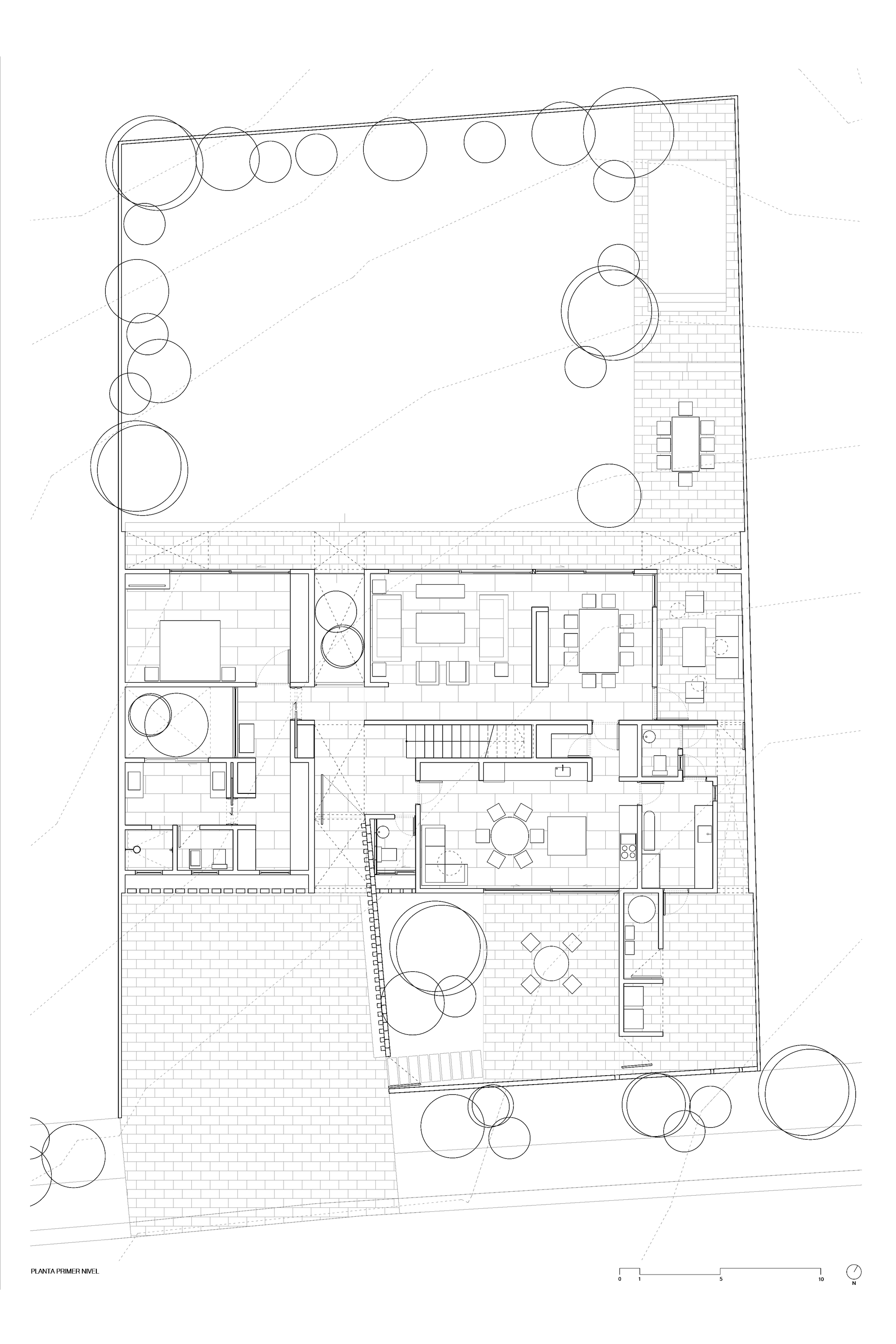 Ground floor plan drawing showing interior rooms and terraces surrounded by circular tree symbols