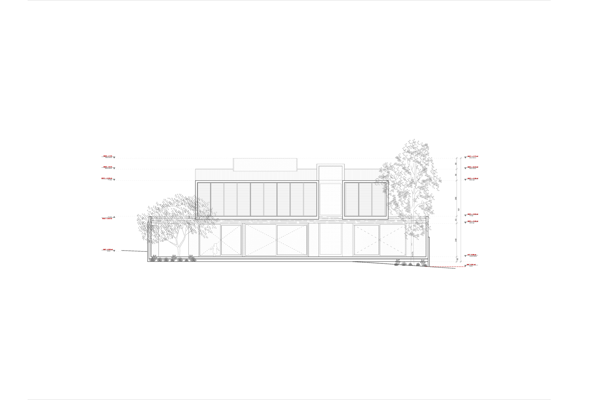 Elevation drawing depicting two-story glazed facade with adjacent trees and annotation labels