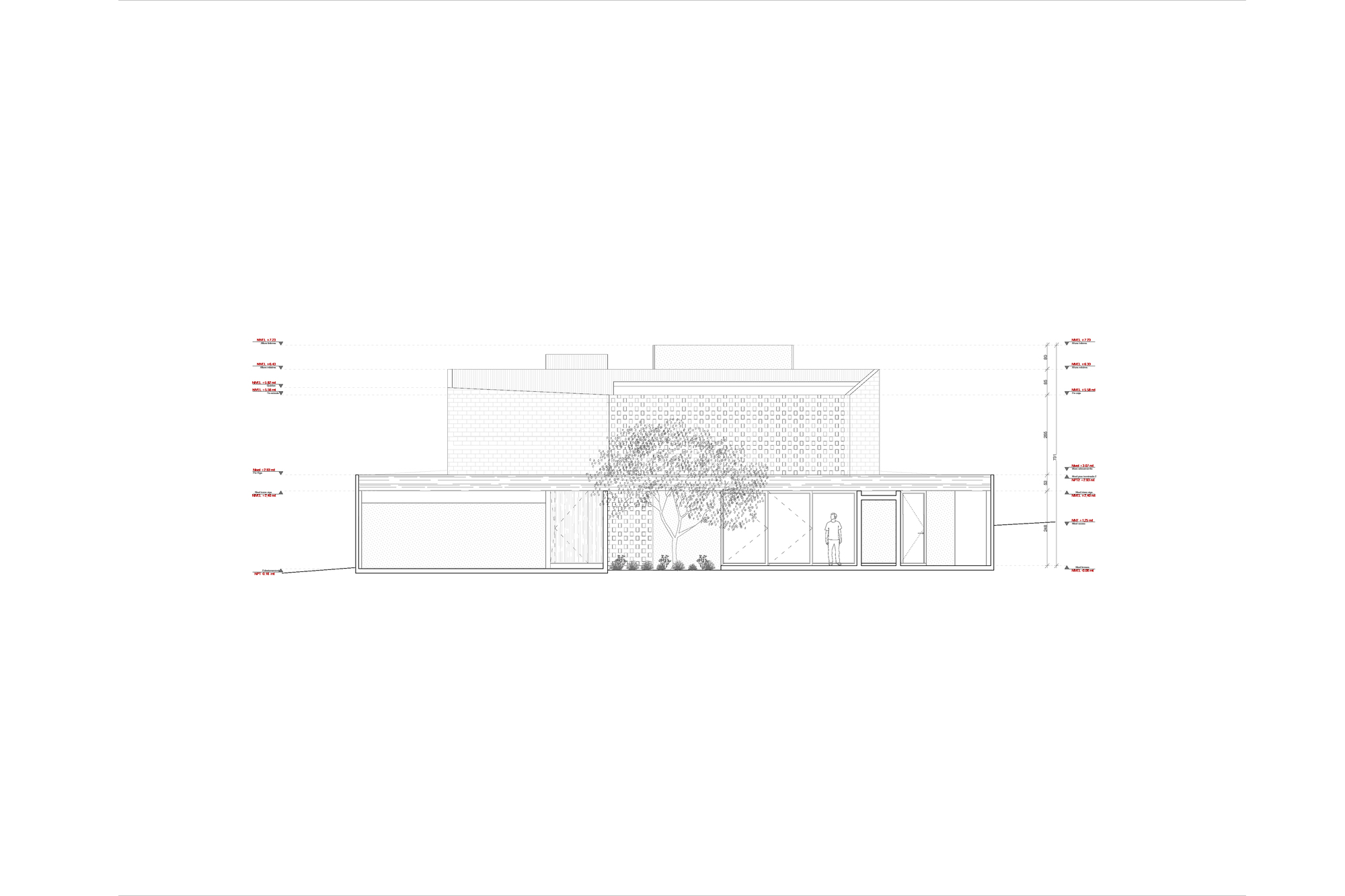 Section drawing showing interior courtyard with tree and perforated brick screen above
