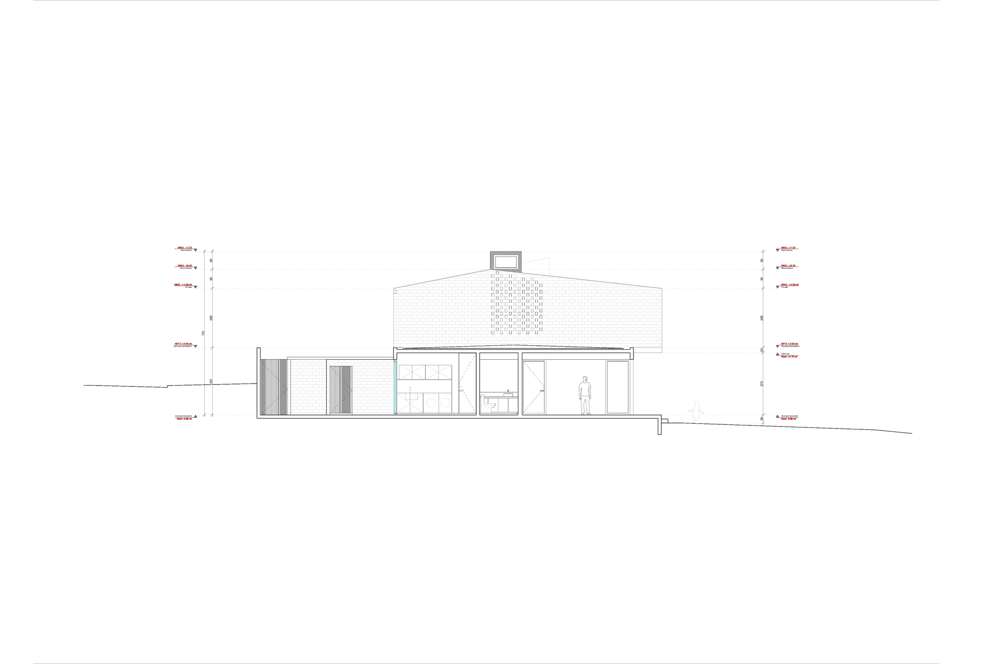 Elevation drawing showing sloped site with perforated brick volume and garage opening