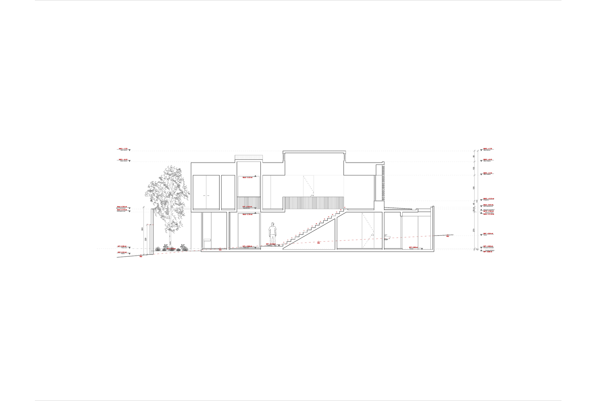 Section drawing revealing interior spatial connections with an external staircase and planted areas