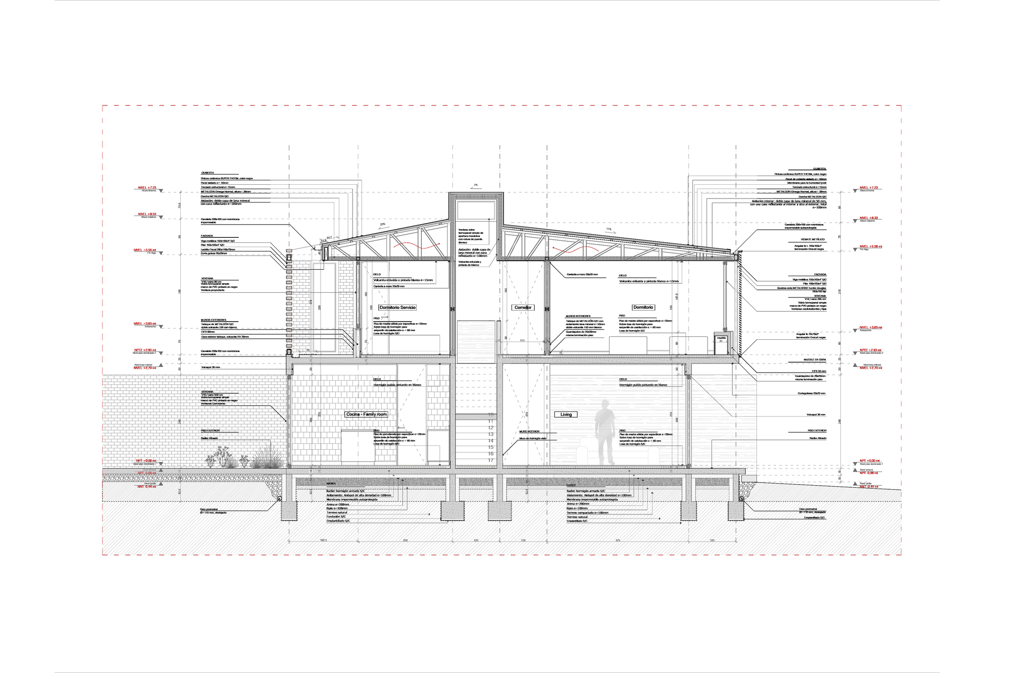 Detailed section drawing with construction annotations showing structural system and material assemblies