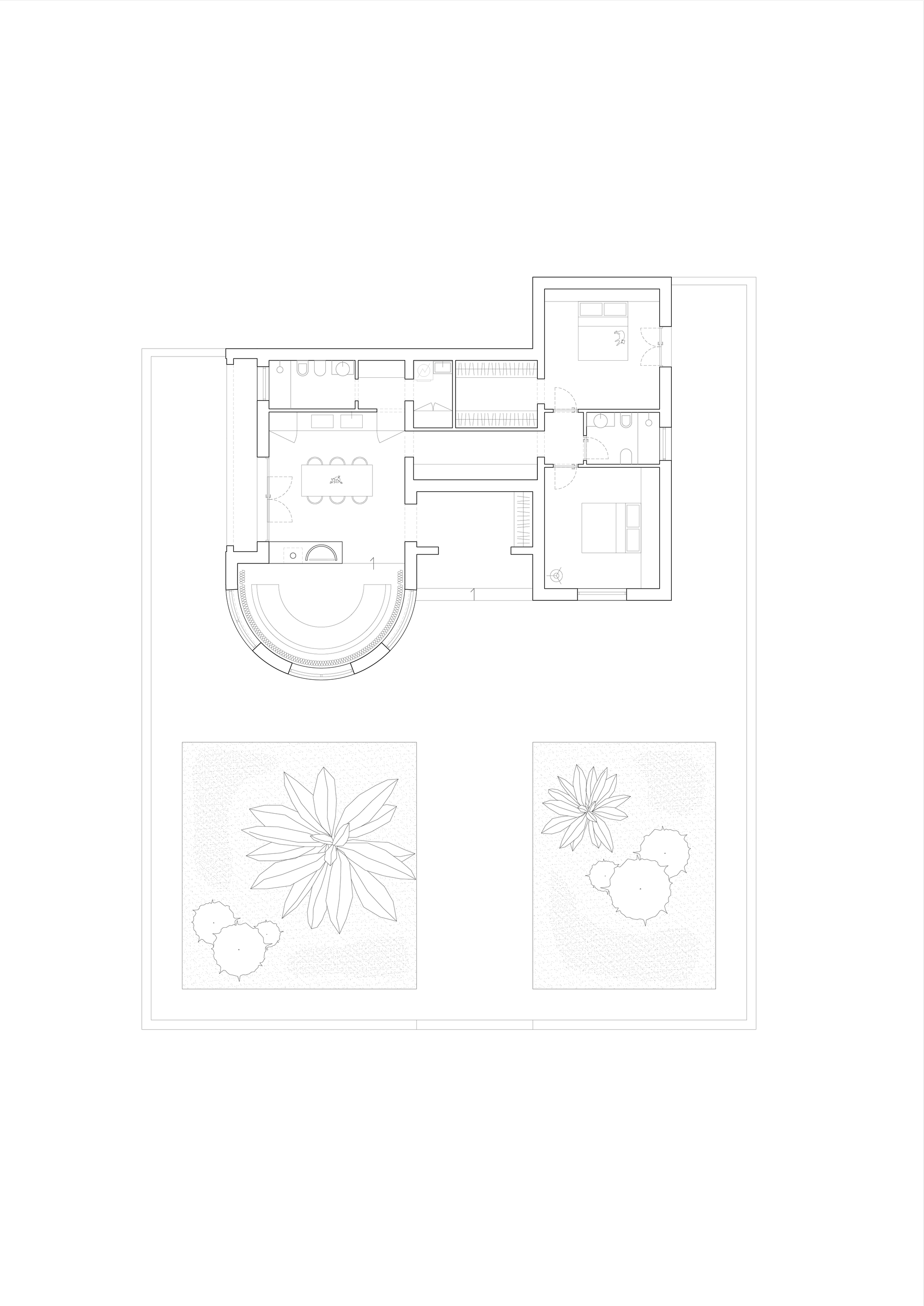 Floor plan drawing showing living areas with curved wall and two courtyards with planted beds