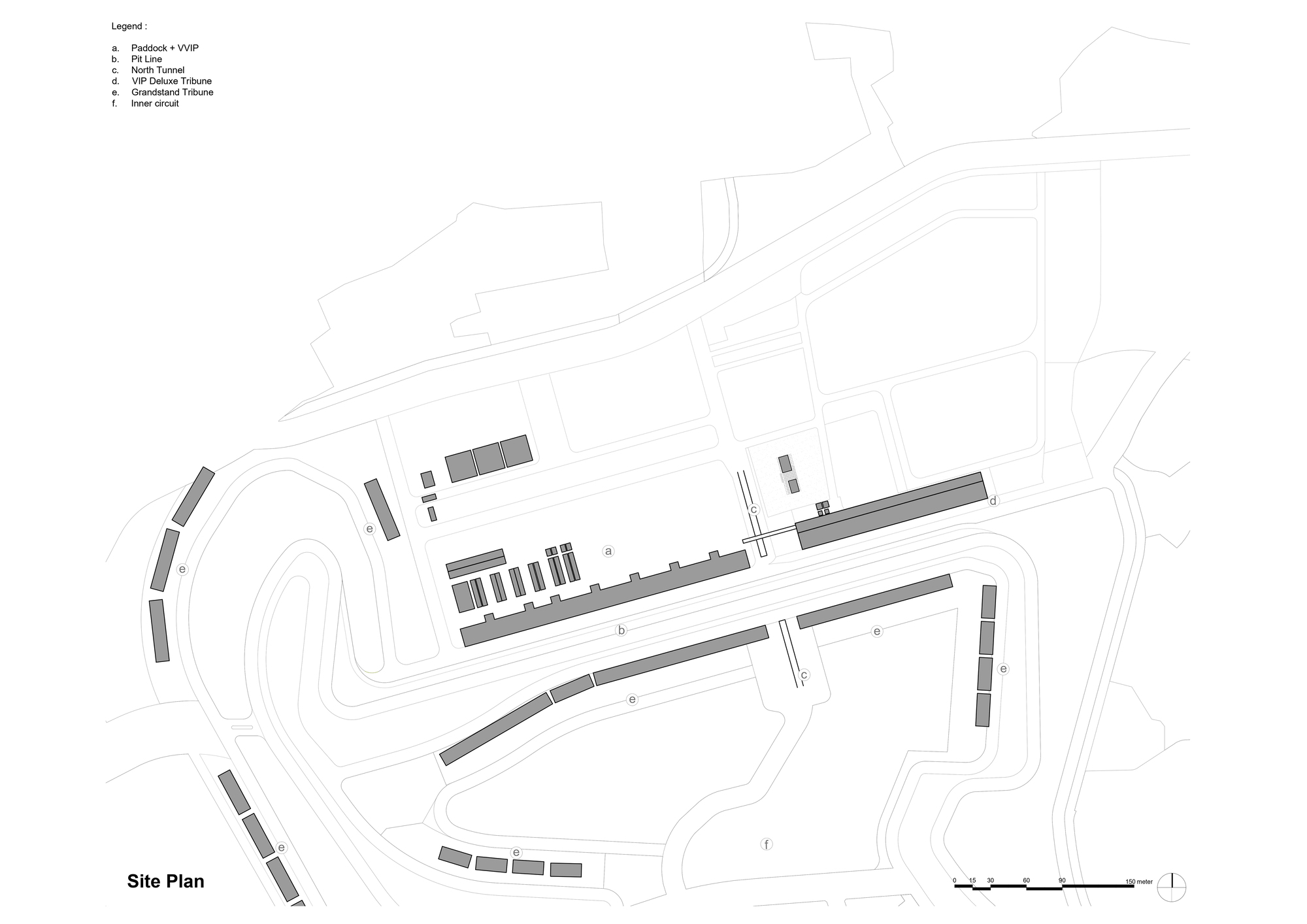 Site plan drawing showing linear building volumes arranged parallel to contour lines