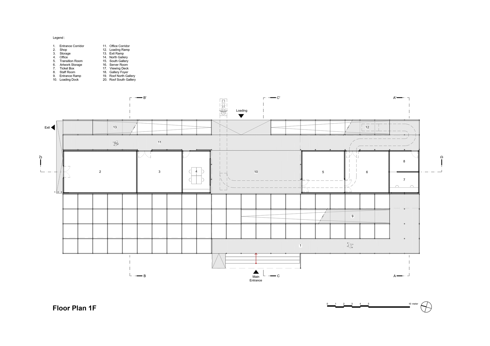 First floor plan drawing showing entrance corridor flanked by gallery spaces and terraces