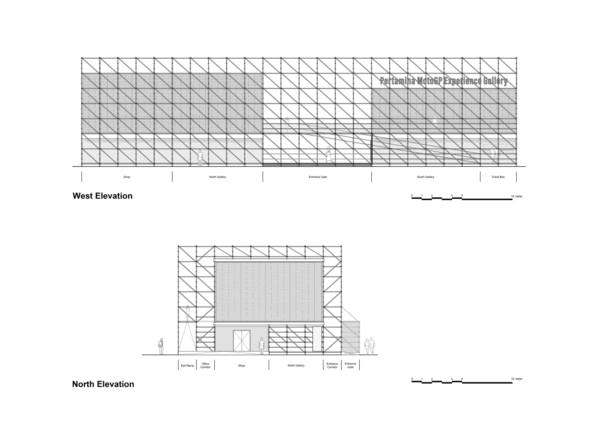 West and north elevation drawings showing exposed structural scaffolding wrapping the building