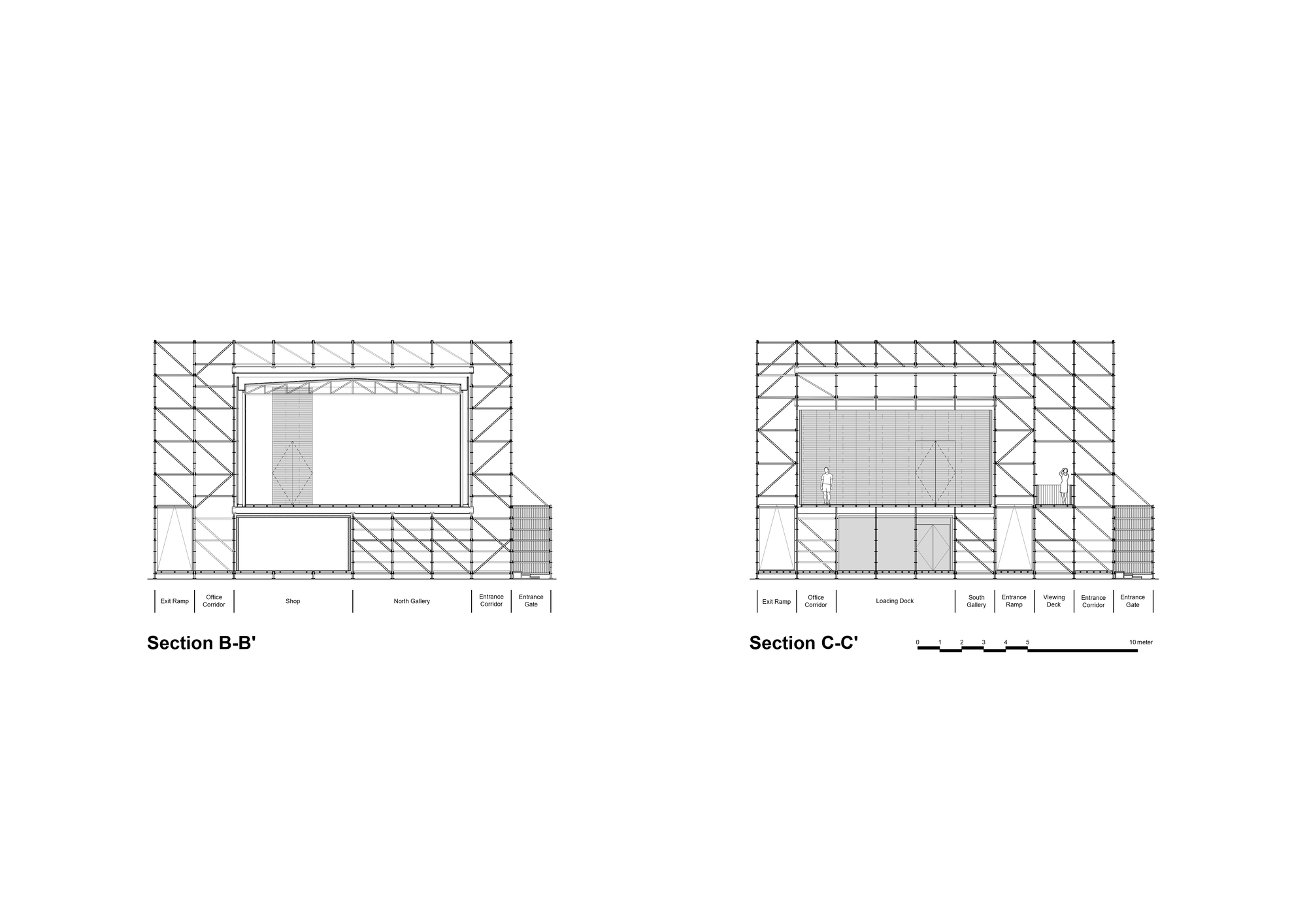 Two section drawings showing a pavilion with diagonal bracing around a central open space