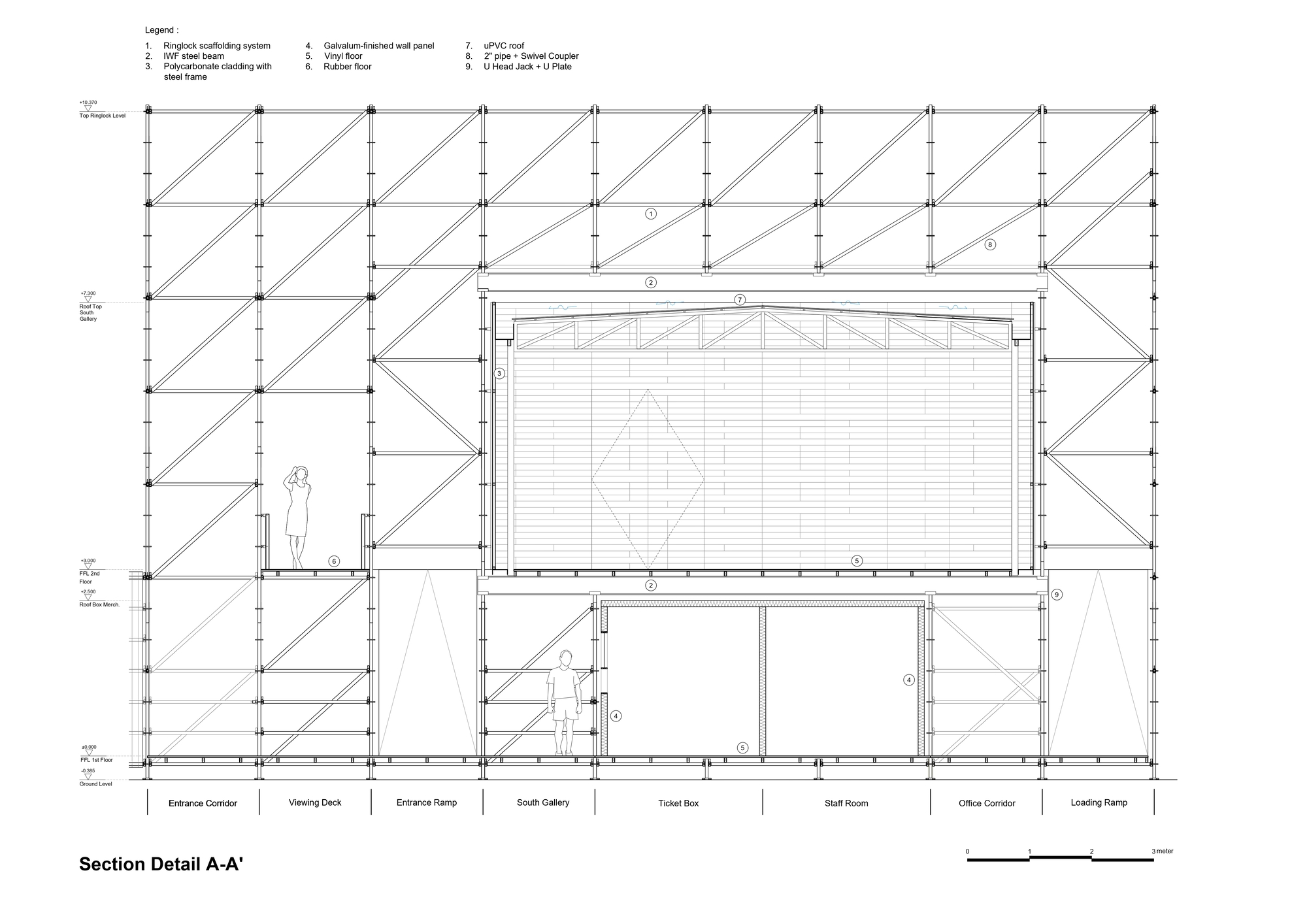 Detailed section drawing showing the steel diagonal bracing system with human figure for scale