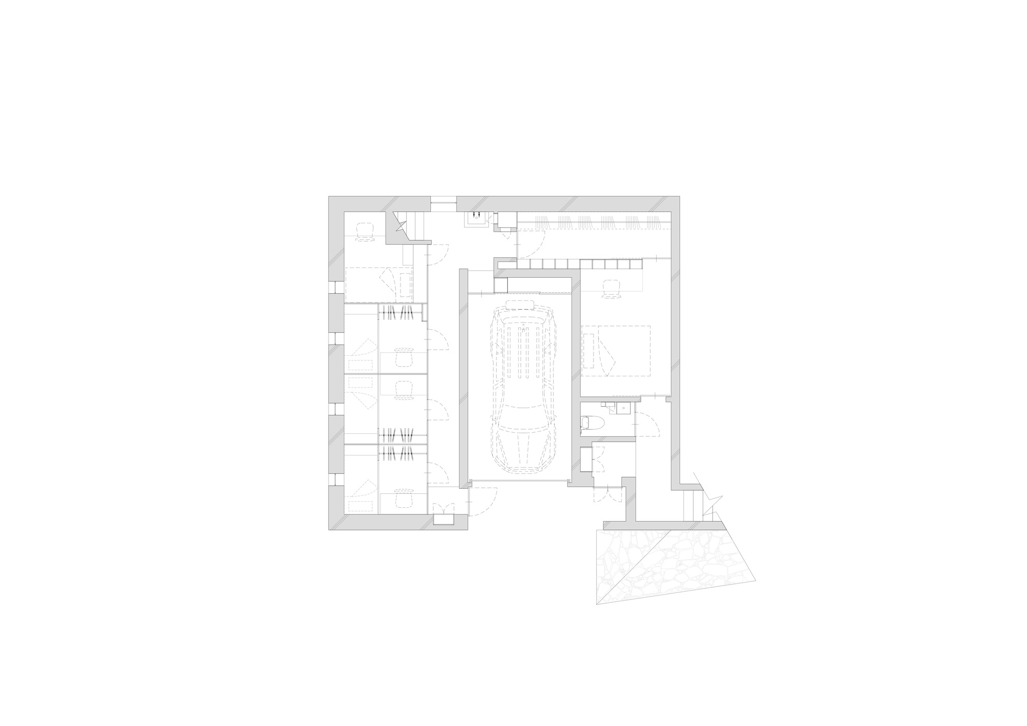 Ground floor plan drawing showing parking spaces, central vault and rear triangular terrace