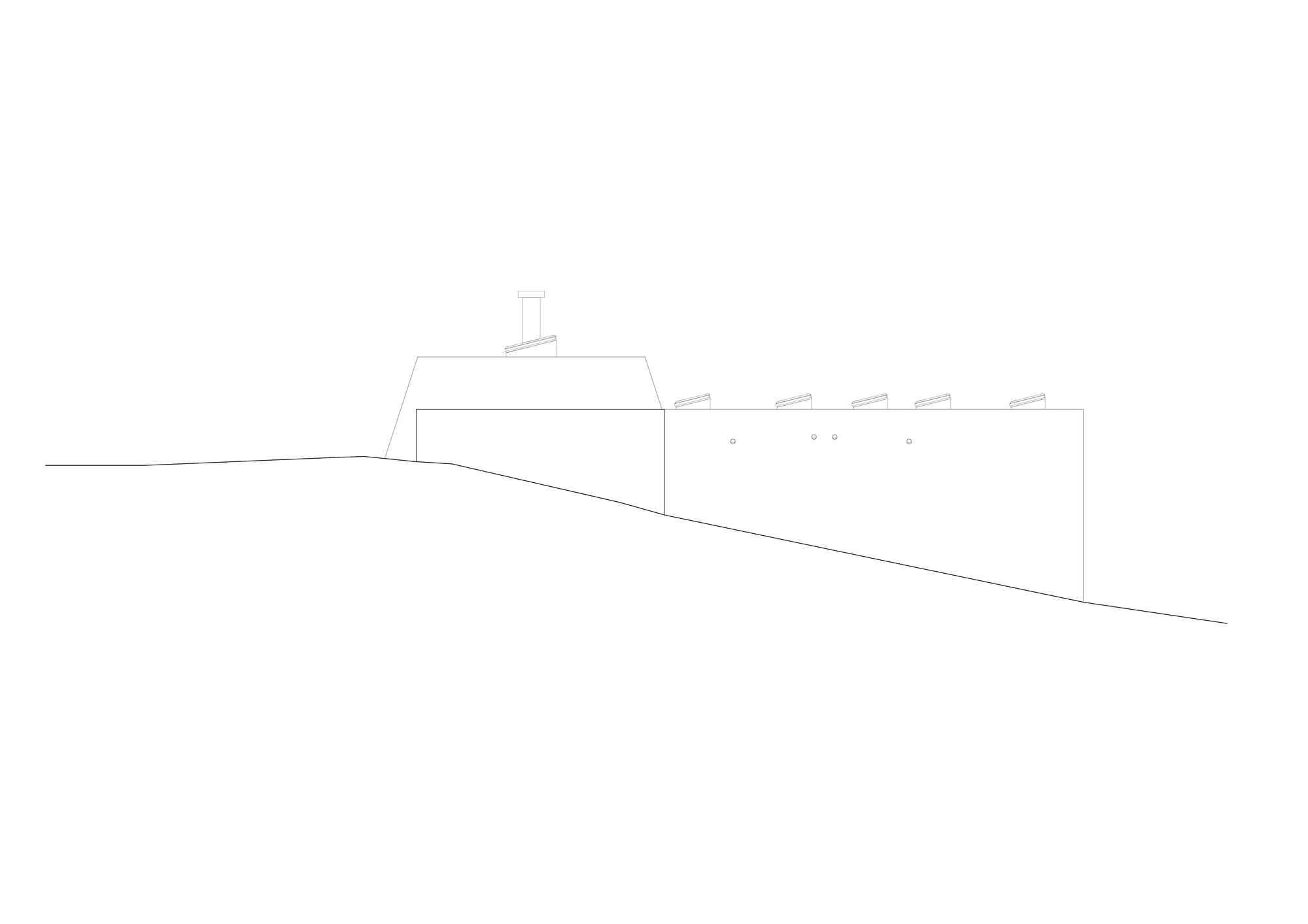 Elevation drawing showing the sloped roofline with chimney and rhythmic window openings on grade