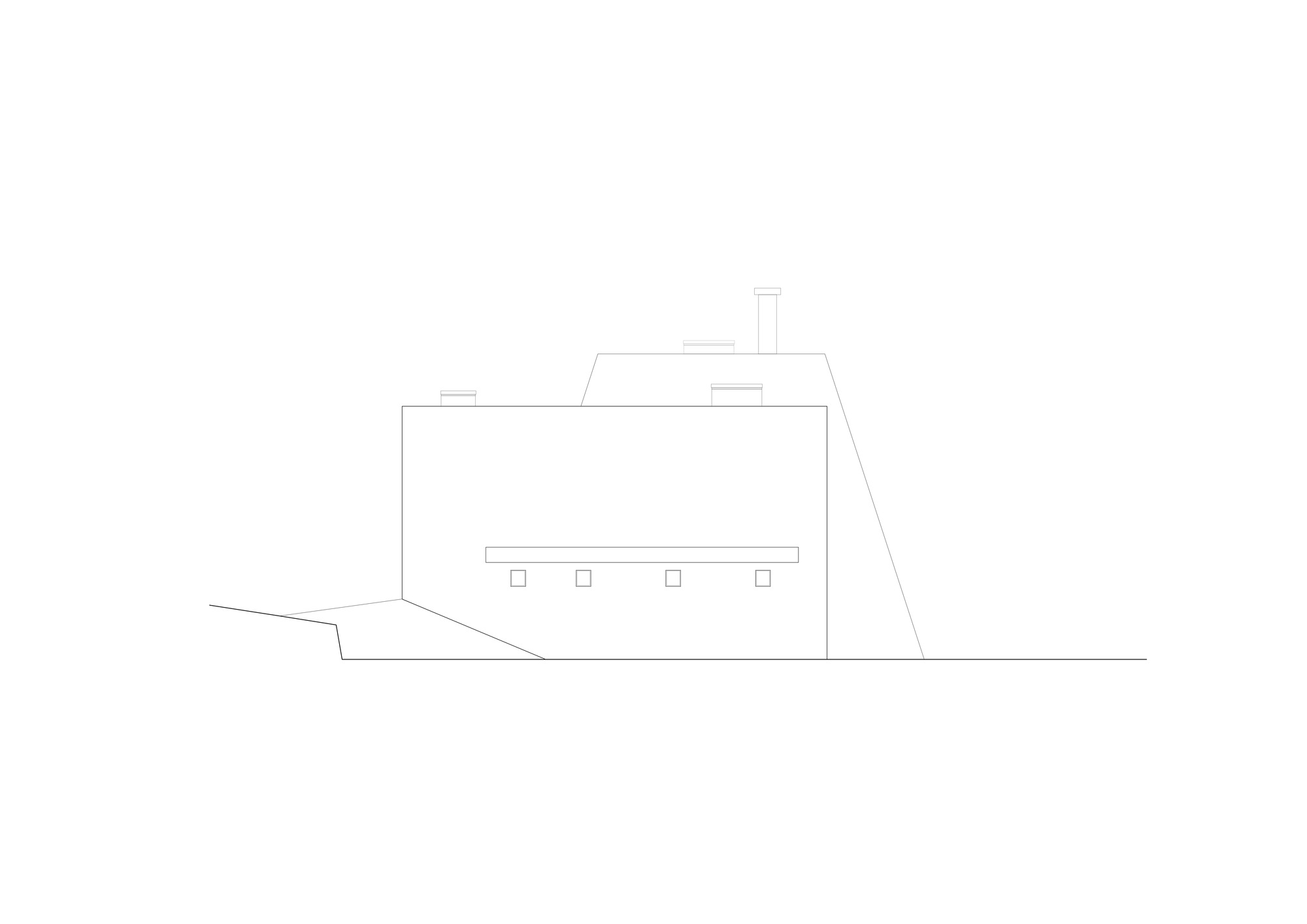 Elevation drawing showing rectilinear volumes with horizontal window band and chimney on sloping terrain