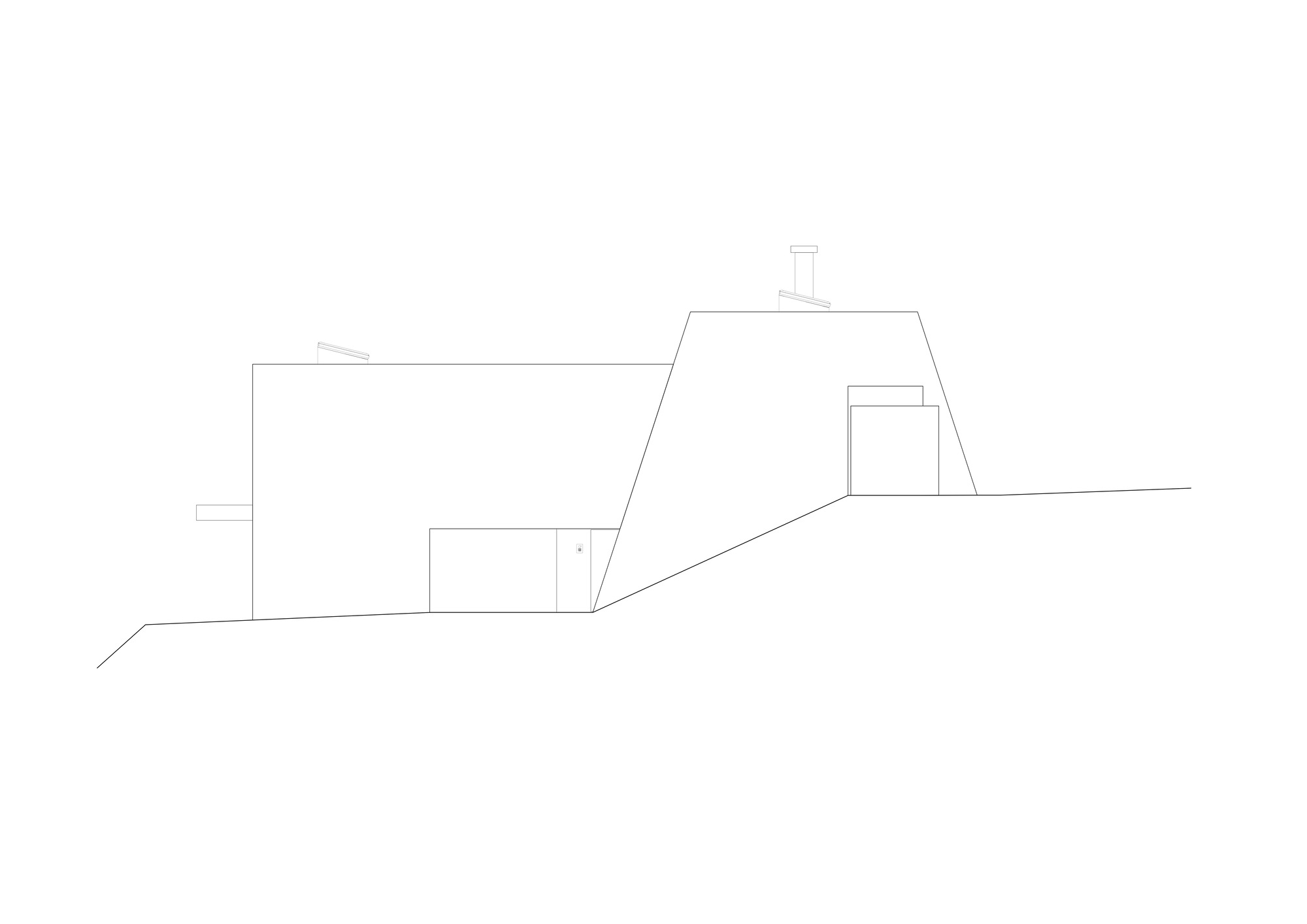 Elevation drawing depicting geometric volumes with flat roofs following a sloping ground line