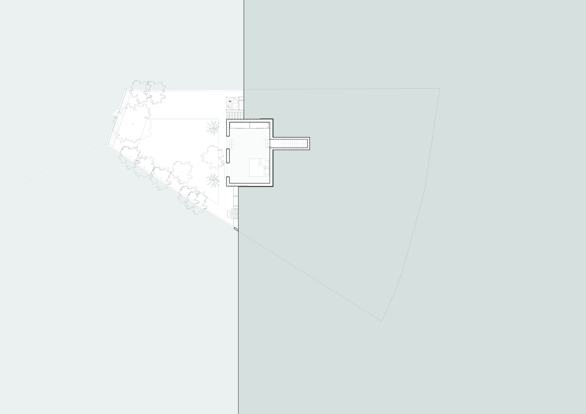Site plan drawing showing a small rectilinear structure with adjacent garden and planted areas