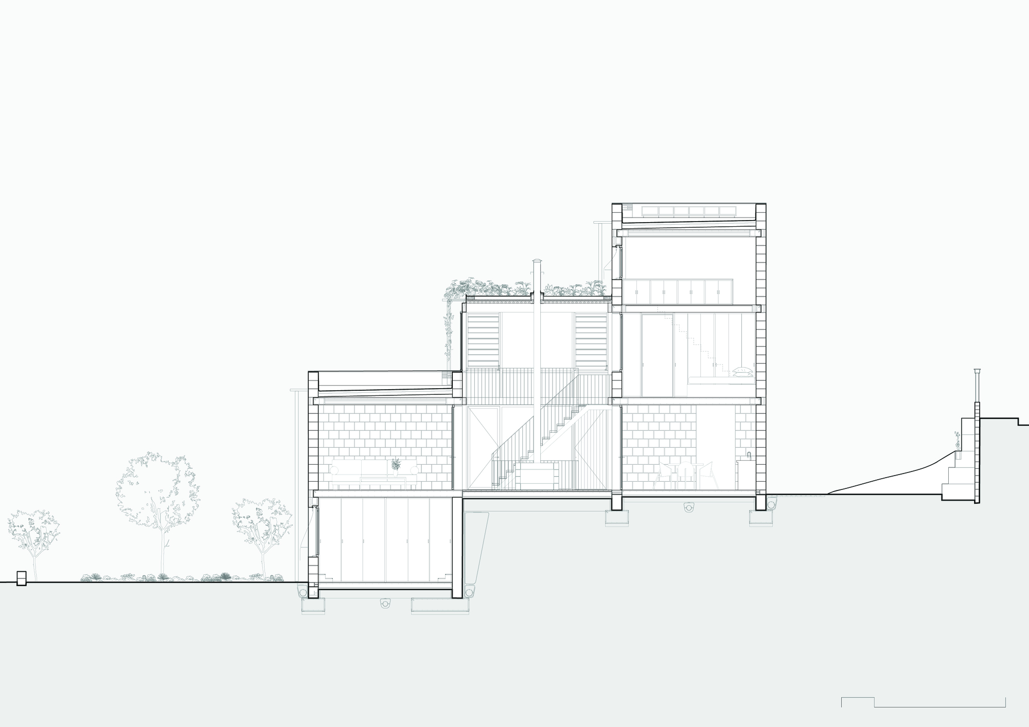 Section drawing showing a multi-level residence with staircase, brick walls, and rooftop planting alongside adjacent trees