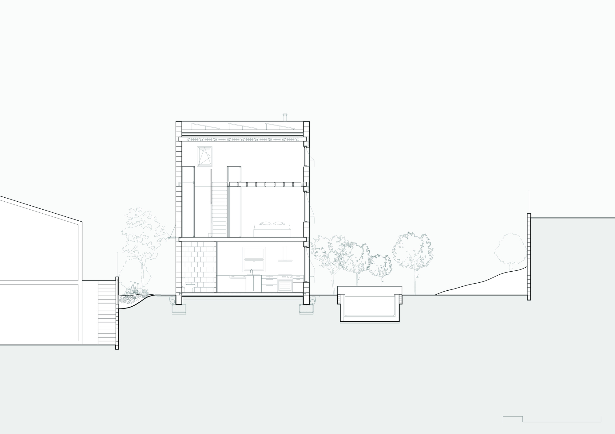 Section drawing revealing interior spaces with central staircase and surrounding landscape with trees
