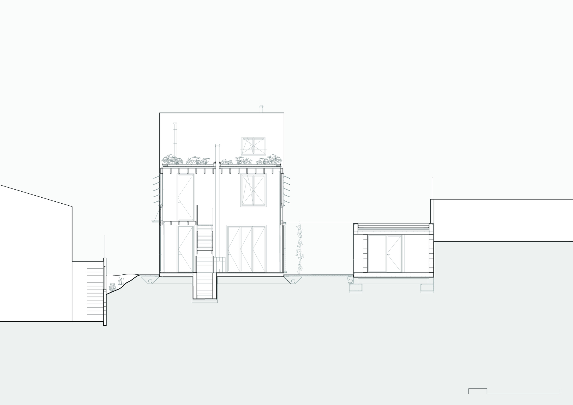 Section drawing displaying a tall volume with double-height space, rooftop garden, and neighboring lower structure