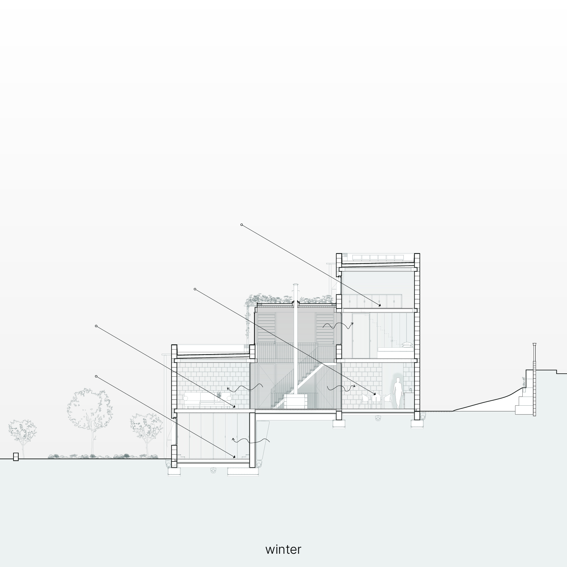 Section drawing annotated with arrows illustrating passive ventilation and thermal flows in winter conditions