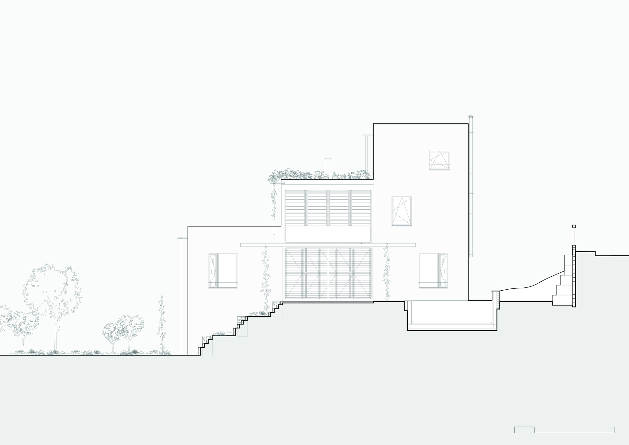 Elevation drawing of stacked volumes with louvered screens, terraced gardens, and stepped foundation on sloping ground
